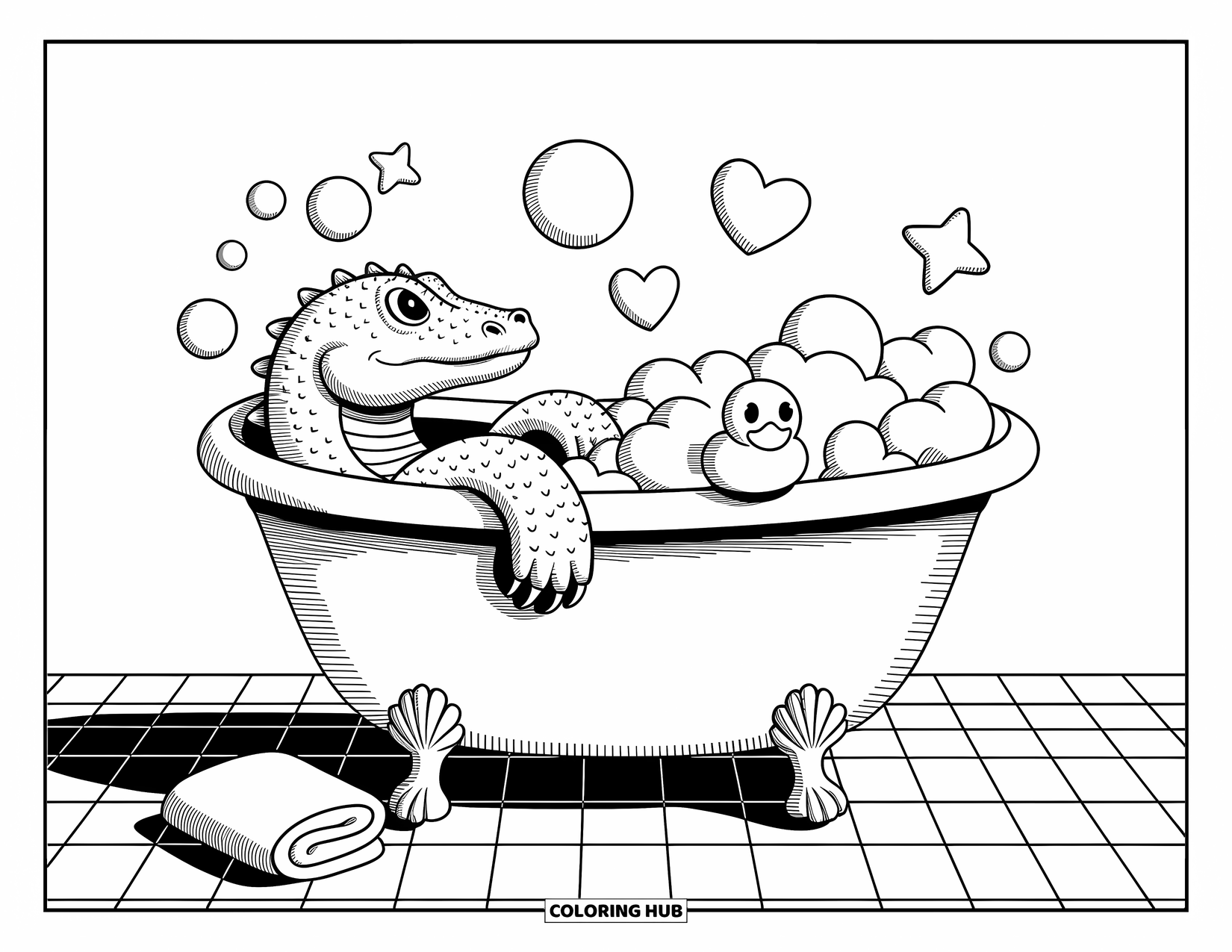 Komodo Dragon Coloring Page for Adults: Komodo dragon lounges in a bubble-filled tub with a towel and rubber duck nearby