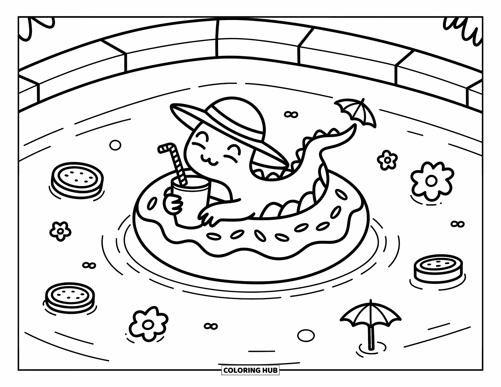 Komodo Dragon Coloring Page for Adults: Komodo dragon lounges on a float in a calm pool with fruit and umbrellas