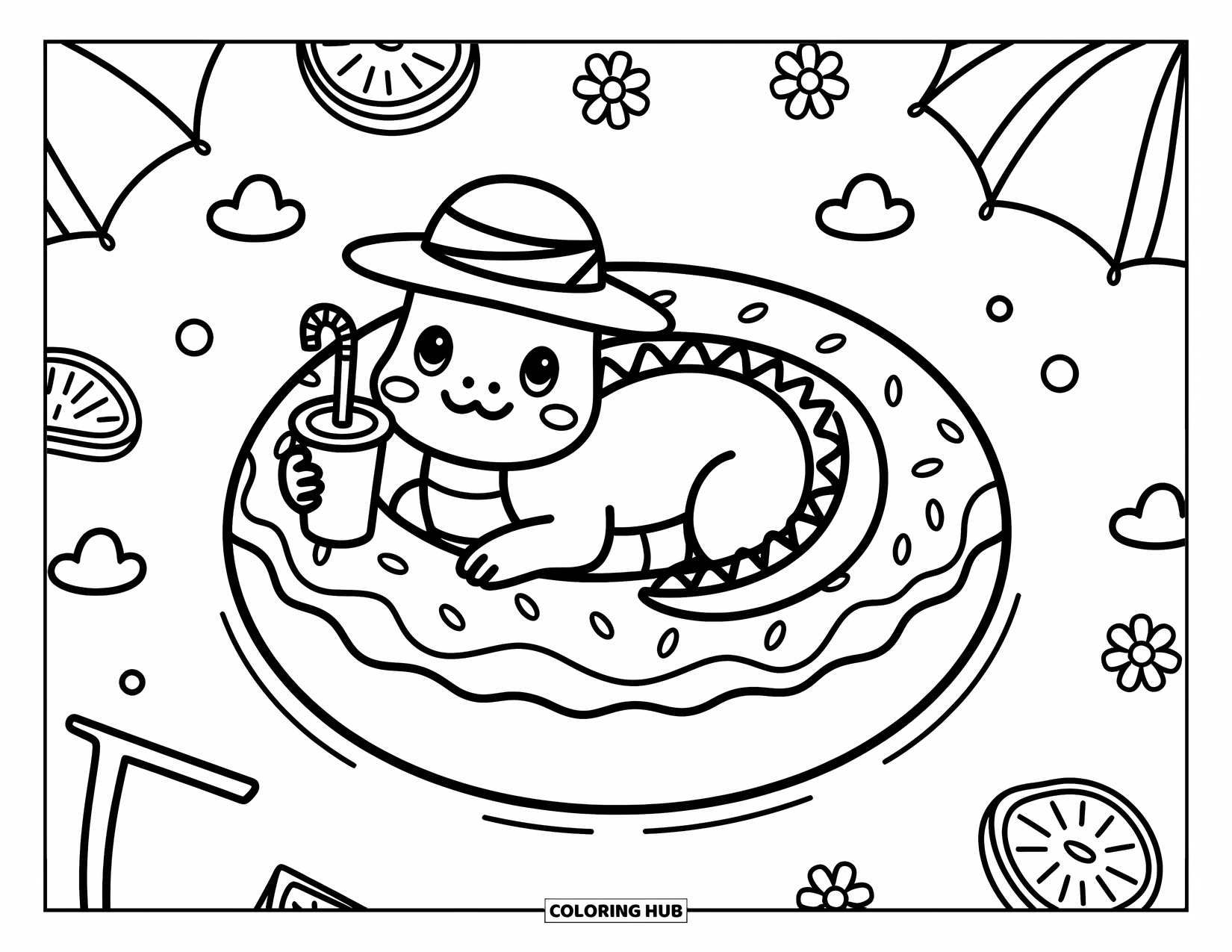 Komodo Dragon Coloring Page for Adults: Komodo dragon relaxes in a pool float with a straw cup and summer treats