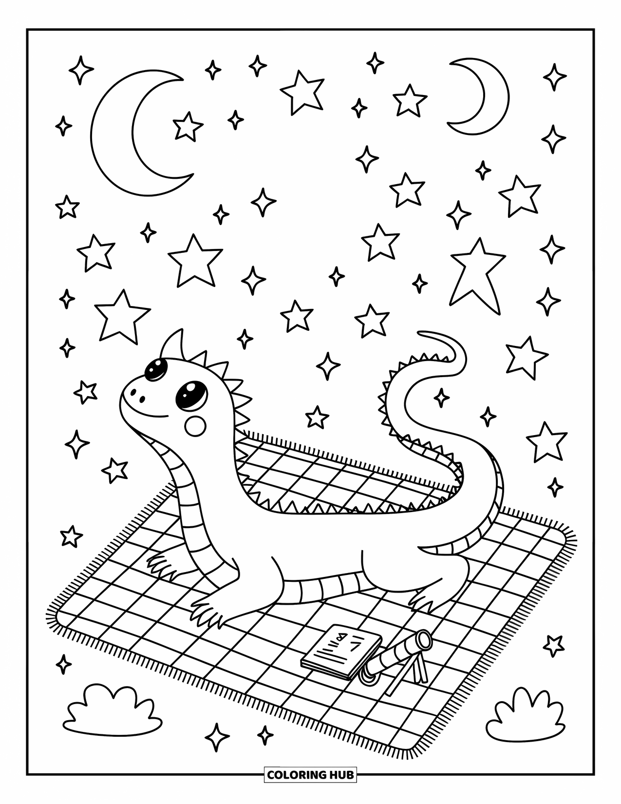 Komodo Dragon Coloring Page for Adults: Komodo dragon relaxes under a dreamy night sky with stars, moons, and a telescope