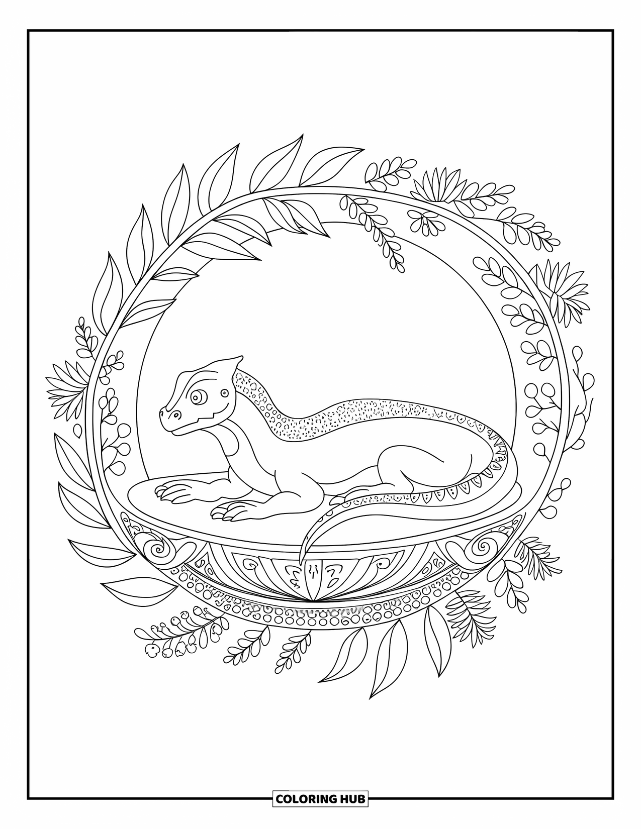 Komodo Dragon Coloring Page for Adults: Komodo dragon rests in a circular garden filled with flowers and leaves