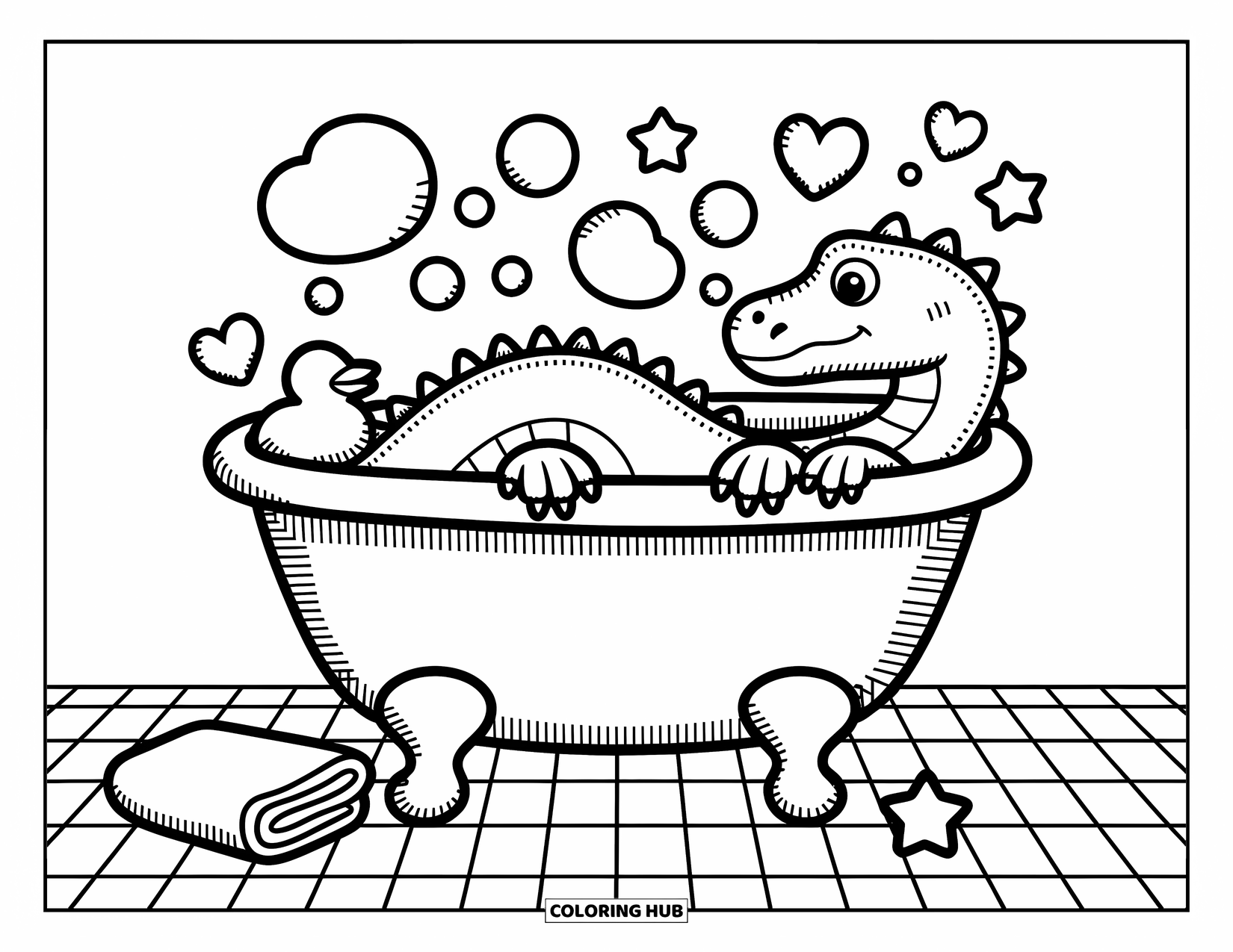 Komodo Dragon Coloring Page for Adults: Komodo dragon rests in a cozy bath surrounded by playful bubbles and a duck soap