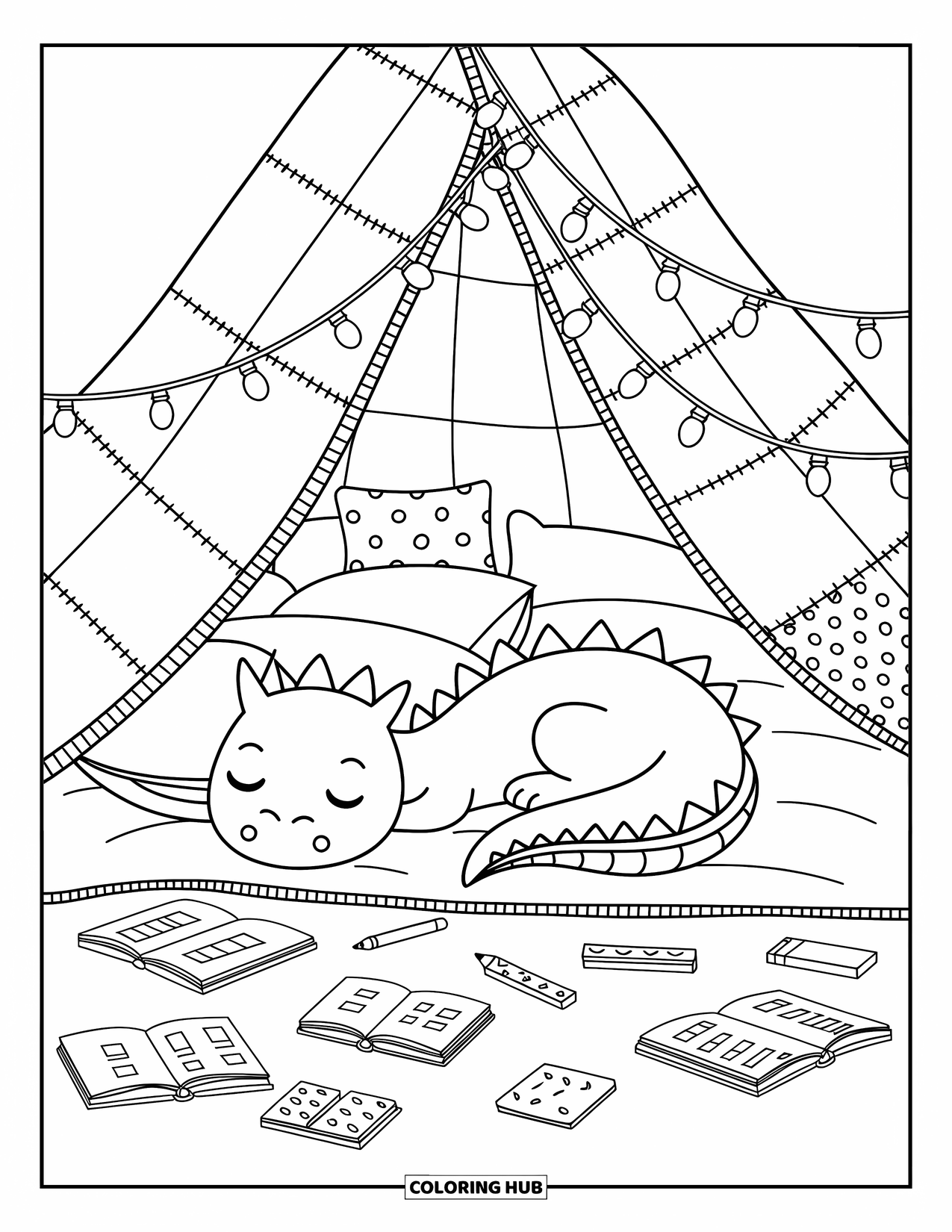 Komodo Dragon Coloring Page for Adults: Komodo dragon rests in a patchwork fort filled with lights, books, and cozy items