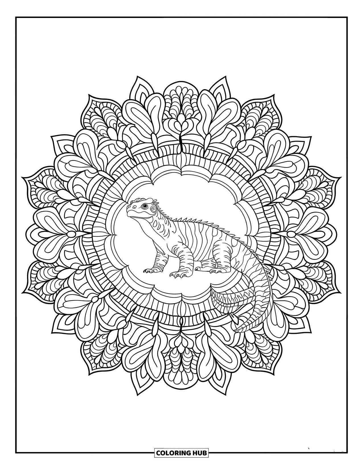 Komodo Dragon Coloring Page for Adults: Komodo dragon stands in a botanical mandala filled with vines and flowers