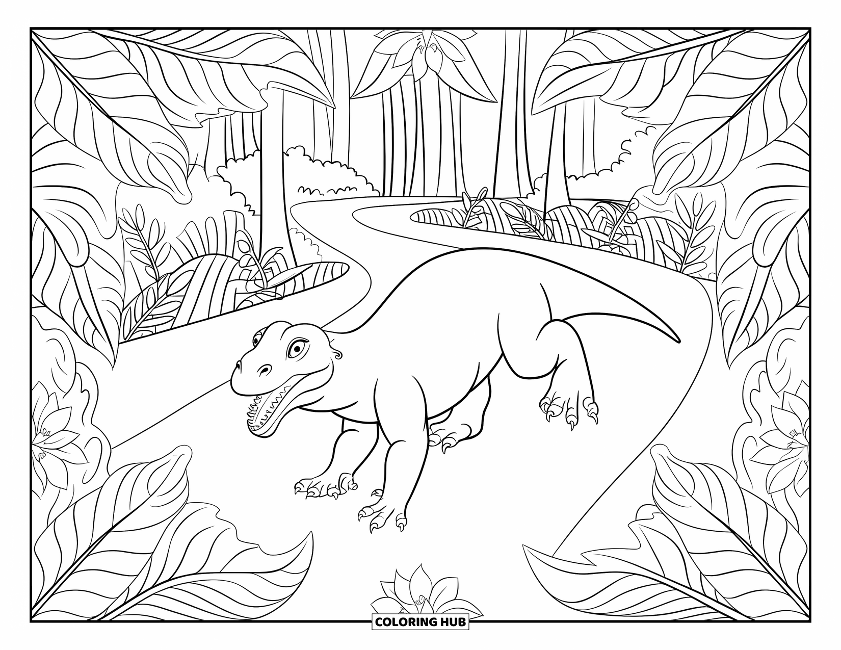 Komodo Dragon Coloring Page for Adults: Komodo dragon walks a leafy trail lined with patterned leaves and soft jungle blooms