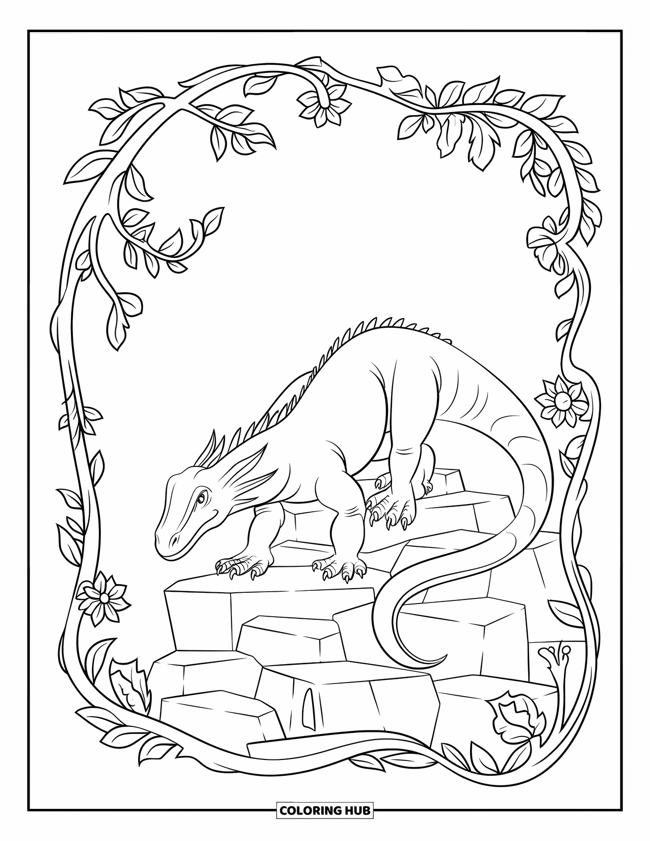 Komodo Dragon Coloring Page for Adults: Komodo dragon walks across stones framed by jungle vines and floral spirals