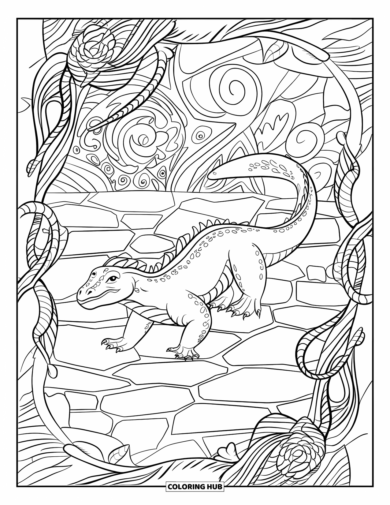 Komodo Dragon Coloring Page for Adults: Komodo dragon walks among jungle vines and stone terrain with intricate patterns