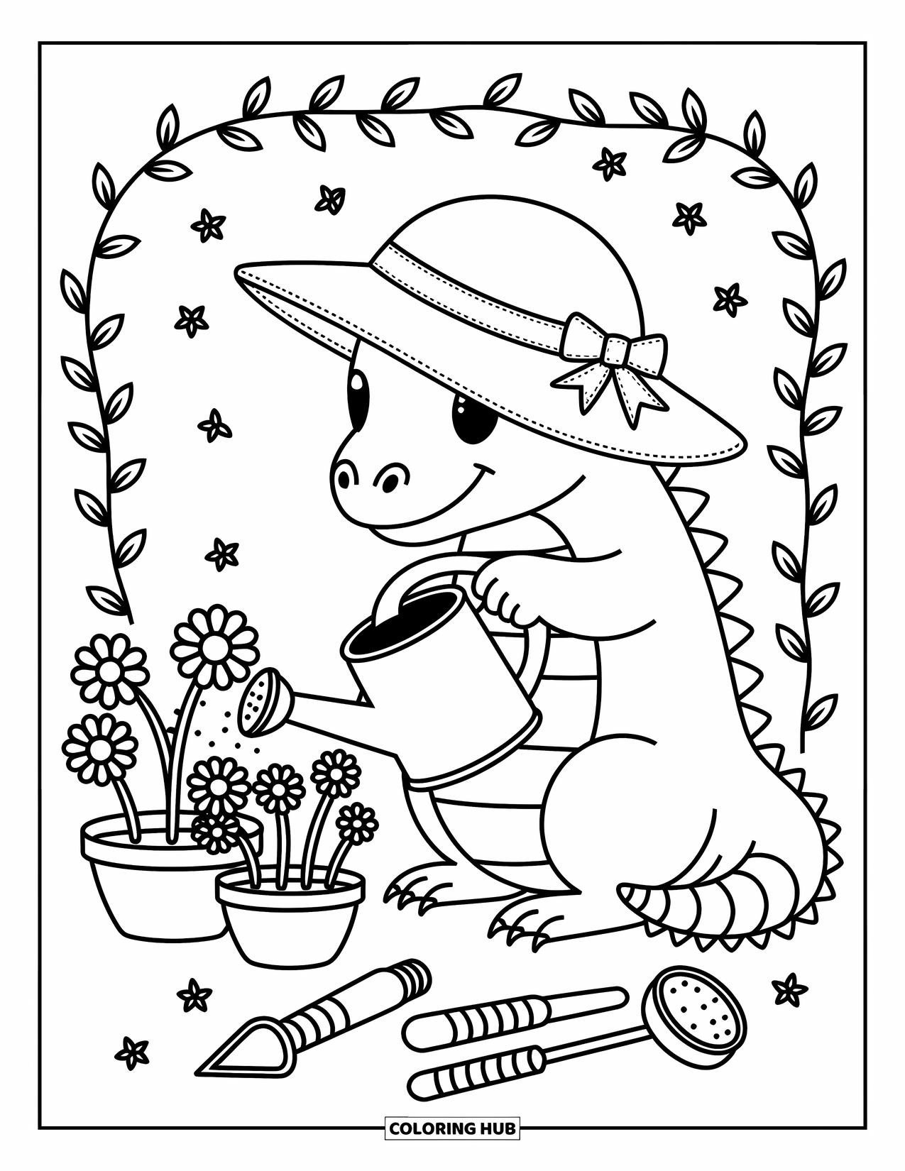 Komodo Dragon Coloring Page for Adults: Komodo dragon waters potted plants wearing a floppy garden hat and gentle smile
