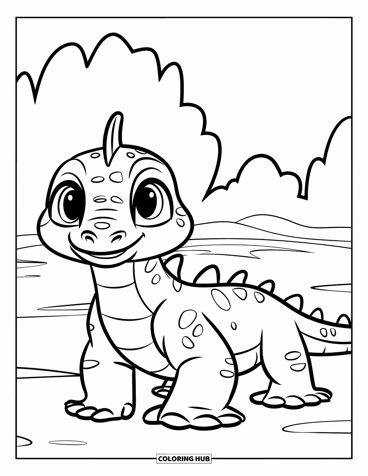 Komodo Dragon Coloring Page for Kids: Cheerful Komodo dragon with round eyes stands near soft, curvy bushes