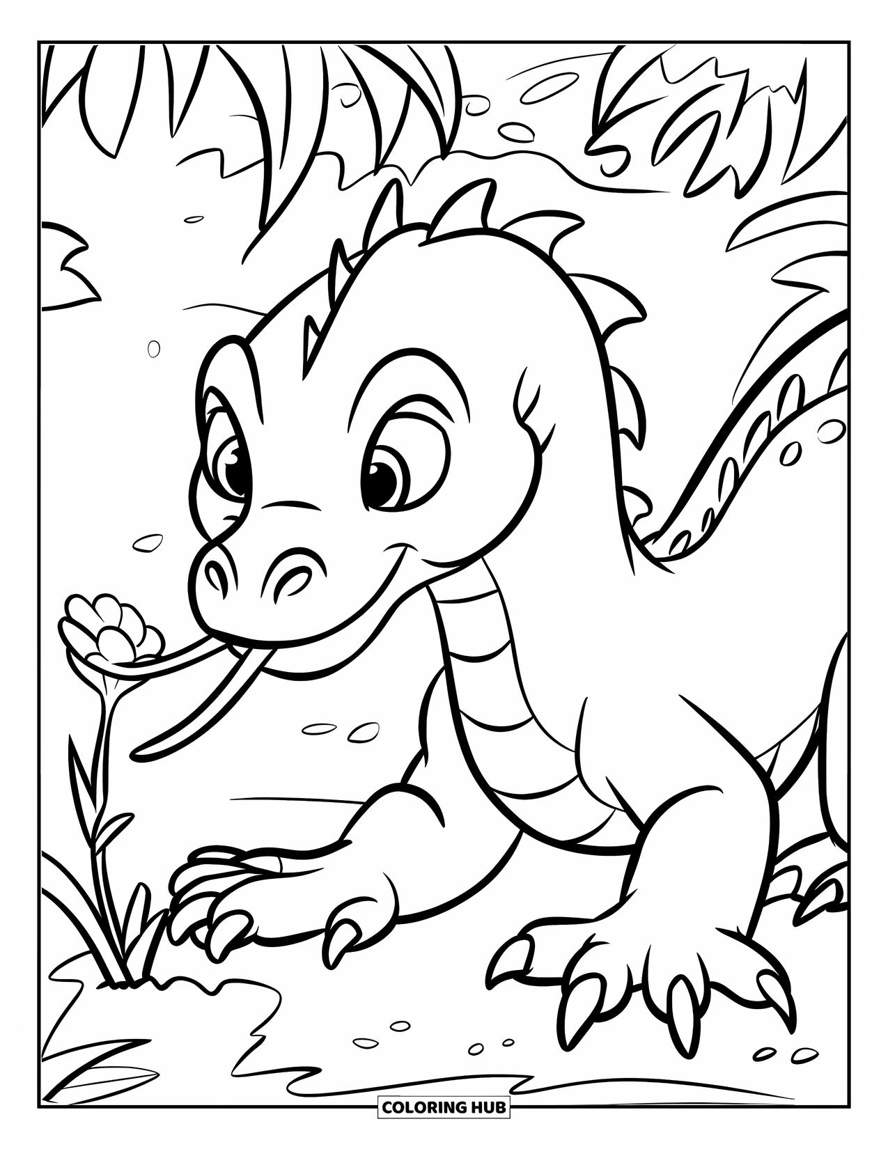 Komodo Dragon Coloring Page for Kids: Curious Komodo dragon crawls forward, tongue out near a flower