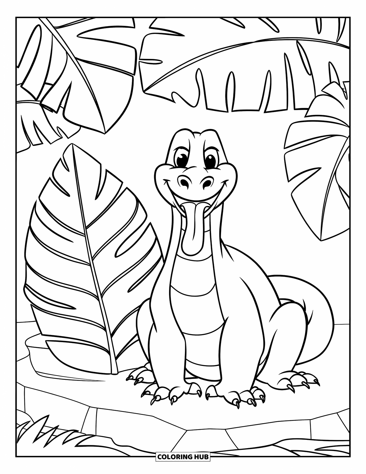 Komodo Dragon Coloring Page for Kids: Grinning Komodo dragon sits on a rock beside a tropical leaf in the jungle