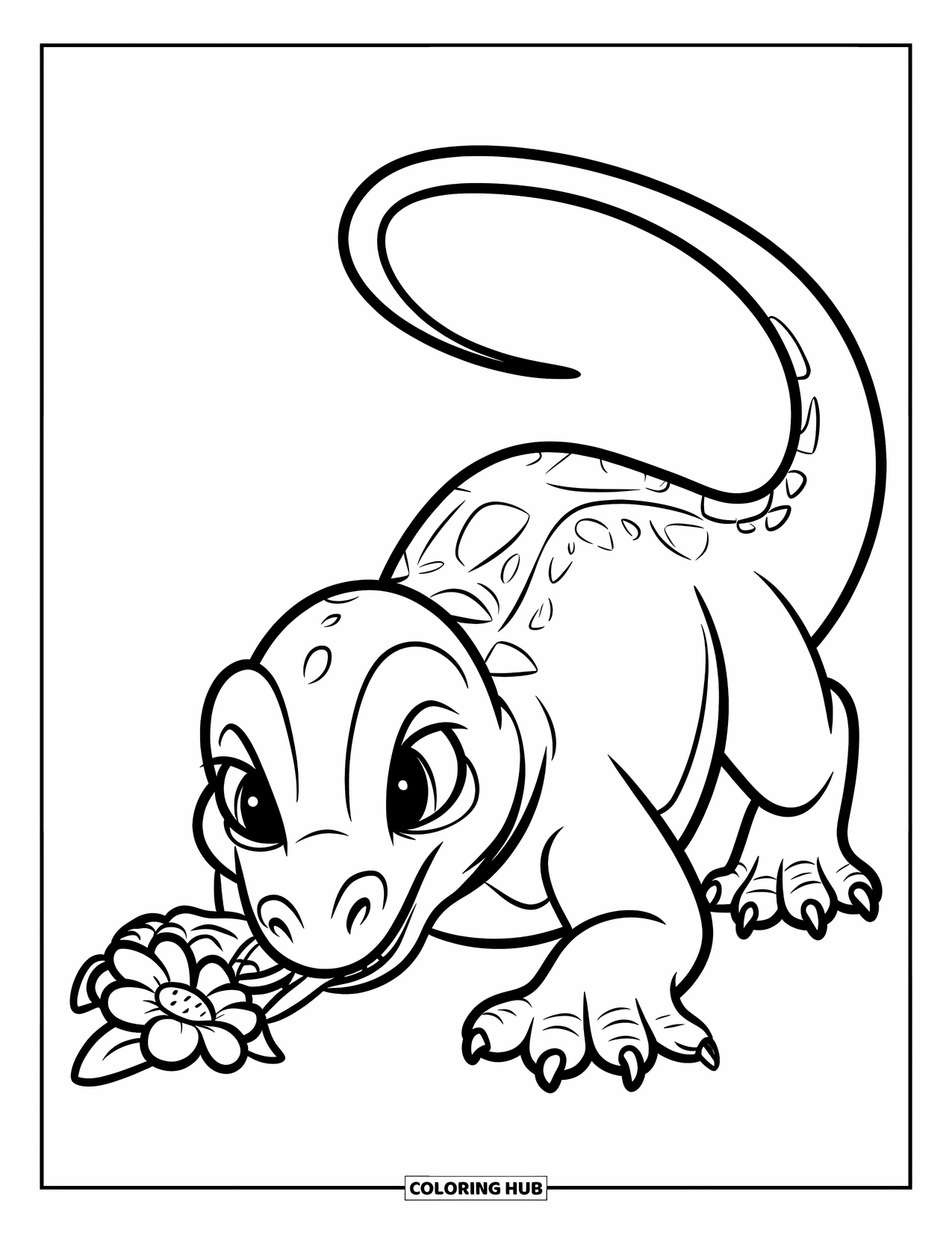 Komodo Dragon Coloring Page for Kids: Komodo dragon crawls with tongue out, flower nearby on a white background