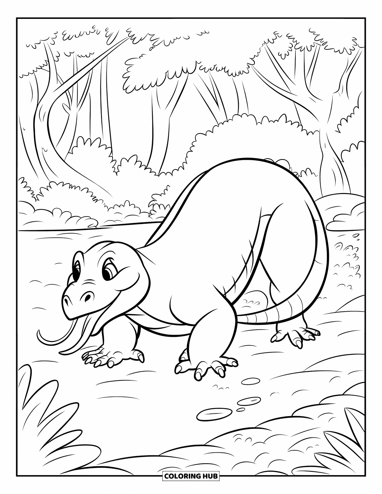 Komodo Dragon Coloring Page for Kids: Komodo dragon explores with tongue out on rocks beneath leafy trees