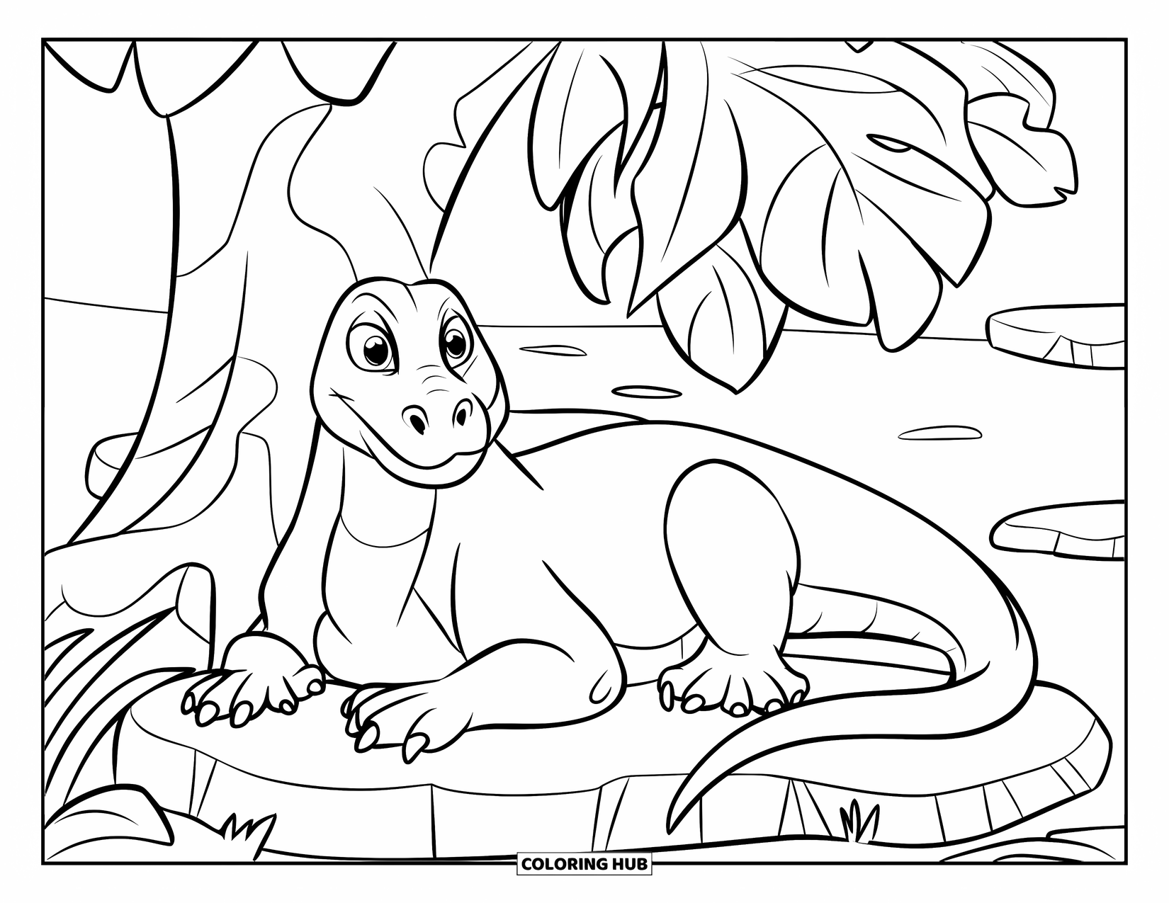 Komodo Dragon Coloring Page for Kids: Komodo dragon lies near a tree and stones in a tropical forest
