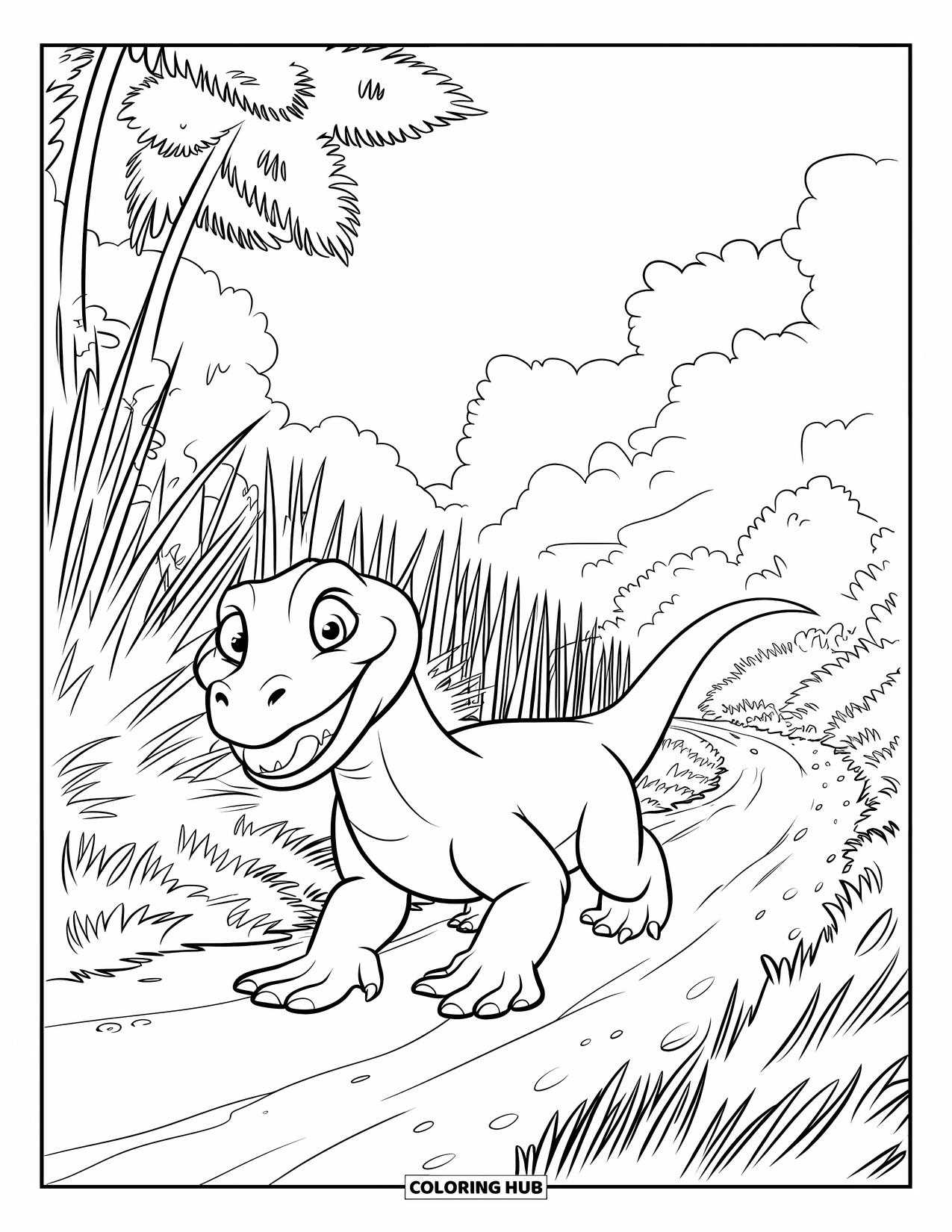 Komodo Dragon Coloring Page for Kids: Komodo dragon marches through tall forest grass under a bright sky
