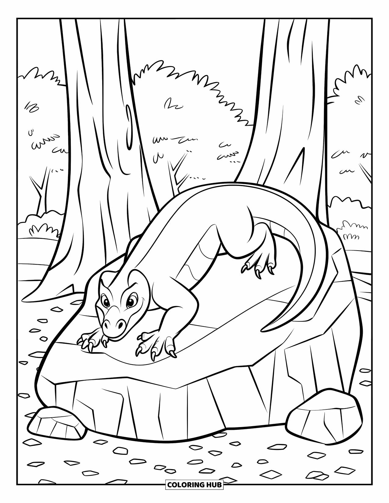 Komodo Dragon Coloring Page for Kids: Komodo dragon moves across a rock with trees and small stones all around