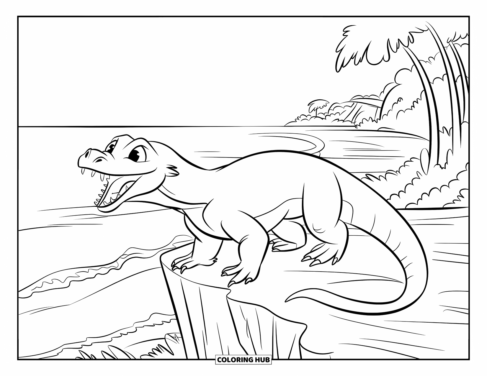 Komodo Dragon Coloring Page for Kids: Komodo dragon perches on a cliff above ocean waves and tropical trees
