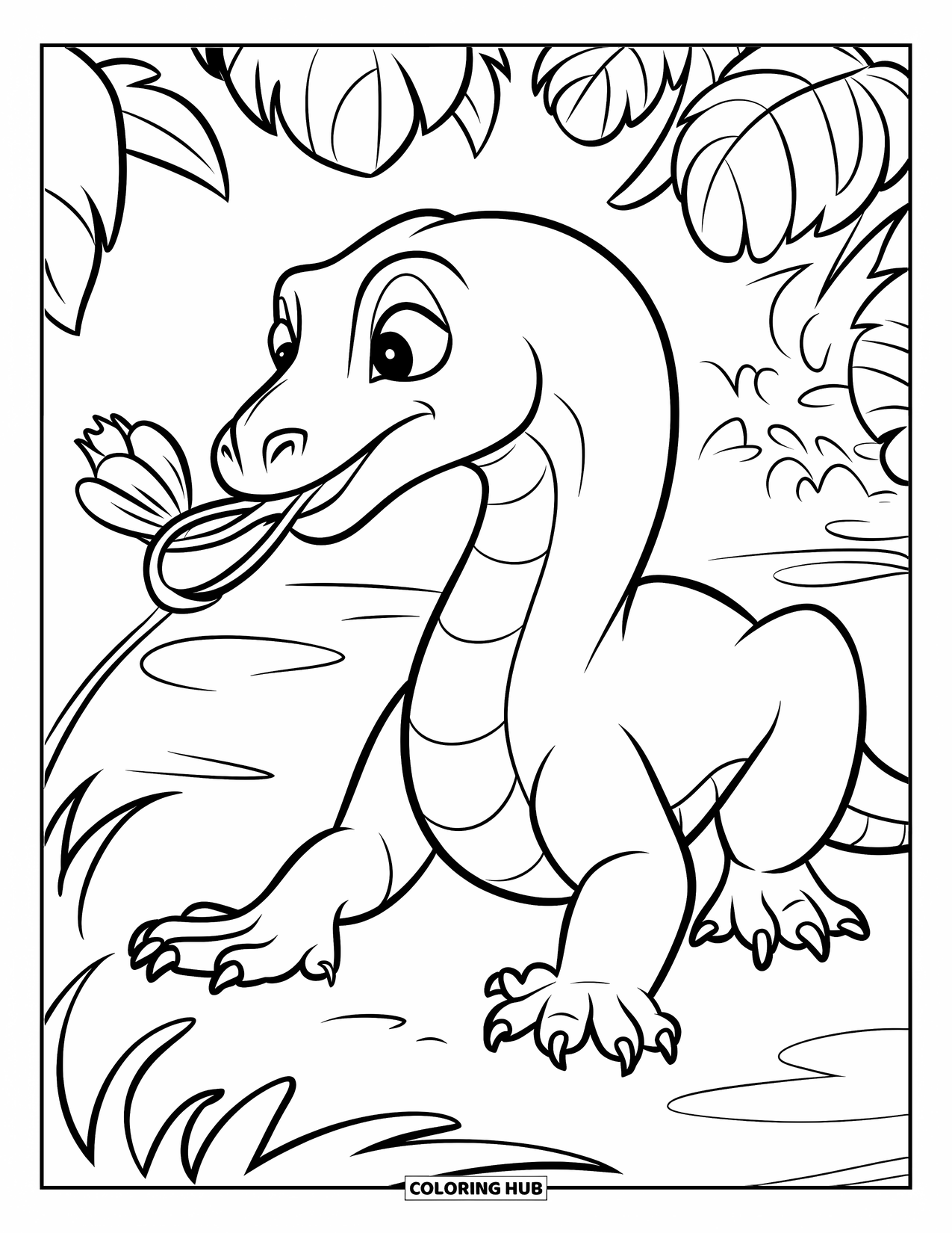 Komodo Dragon Coloring Page for Kids: Komodo dragon pokes its tongue toward a flower in the greenery