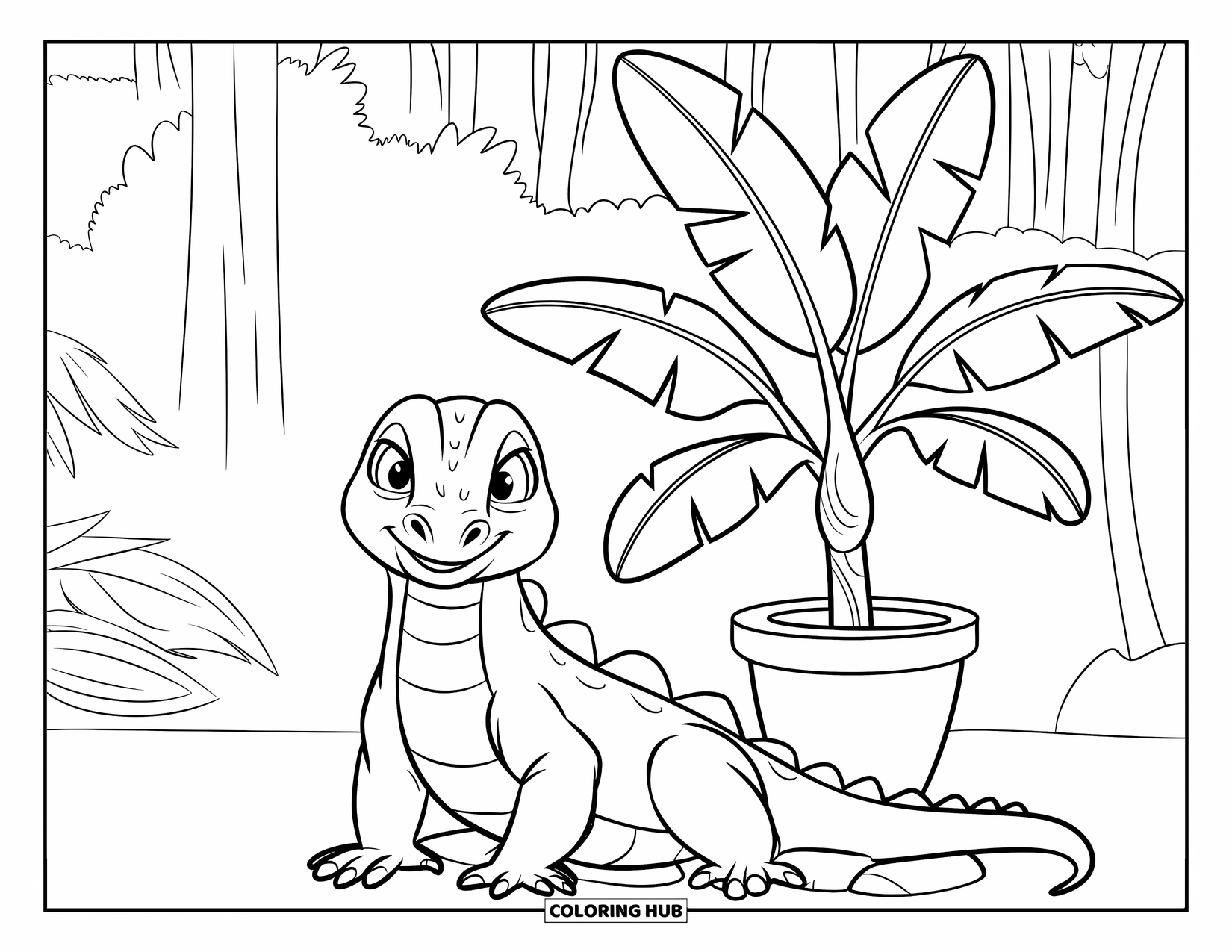 Komodo Dragon Coloring Page for Kids: Komodo dragon rests beside a potted banana leaf in the jungle