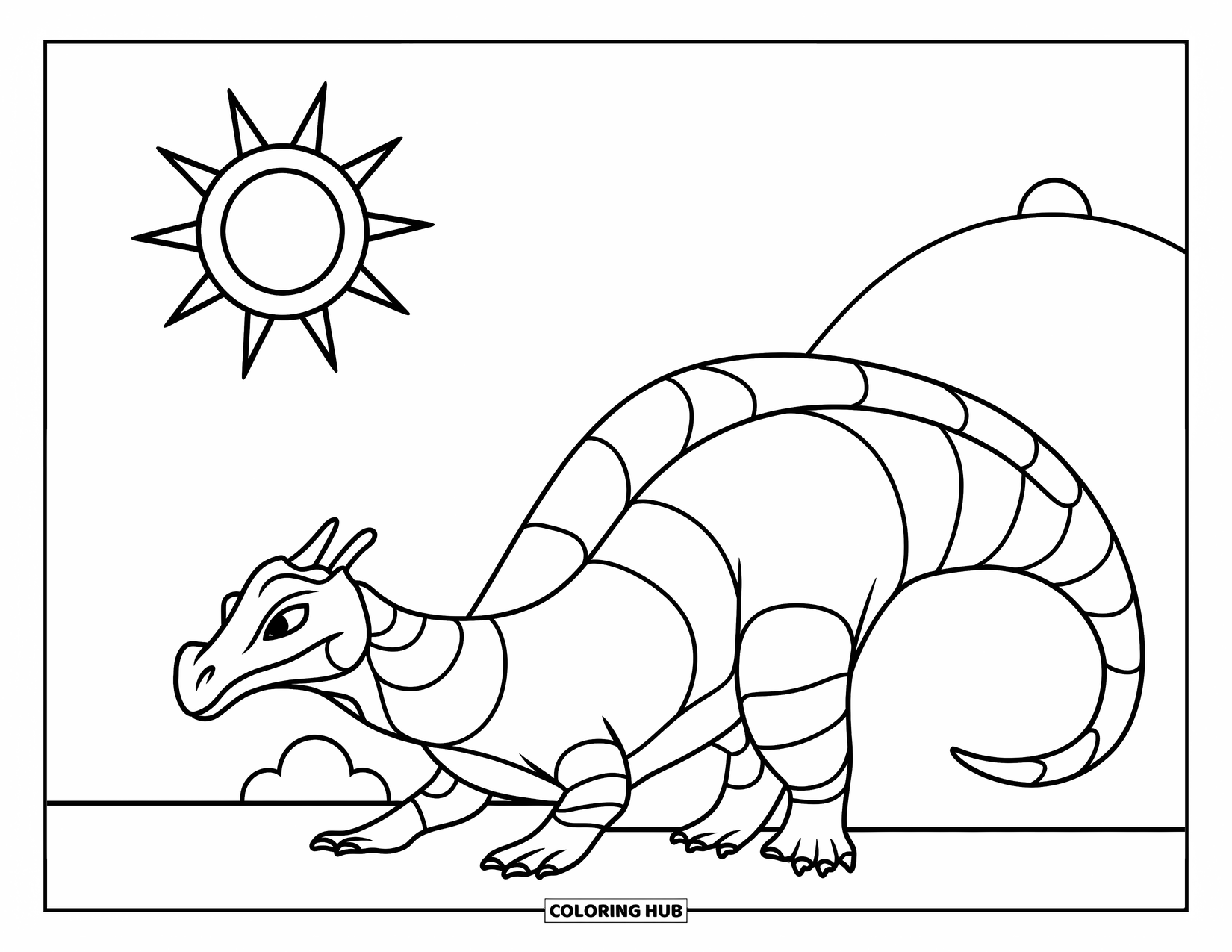 Komodo Dragon Coloring Page for Kids: Komodo dragon sits by a hill with the sun shining above
