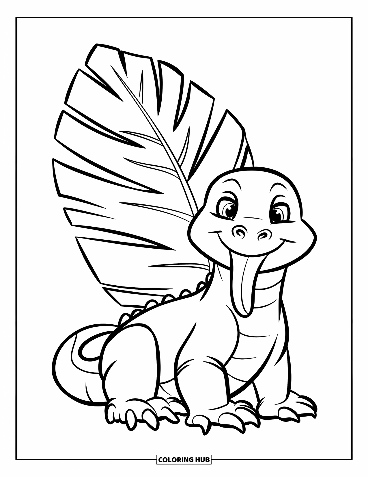 Komodo Dragon Coloring Page for Kids: Komodo dragon sits with tongue out beside one large tropical leaf