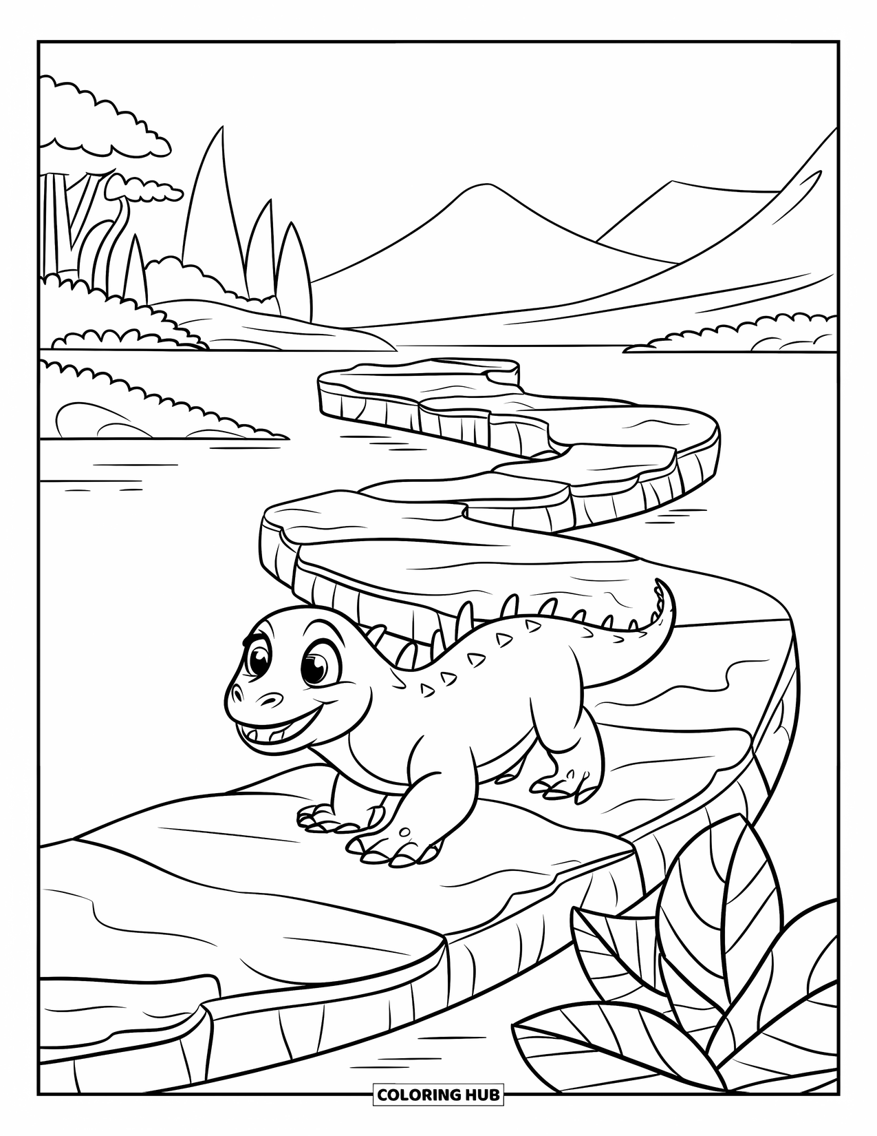 Komodo Dragon Coloring Page for Kids: Komodo dragon smiles while strolling a curvy island path through lush greenery