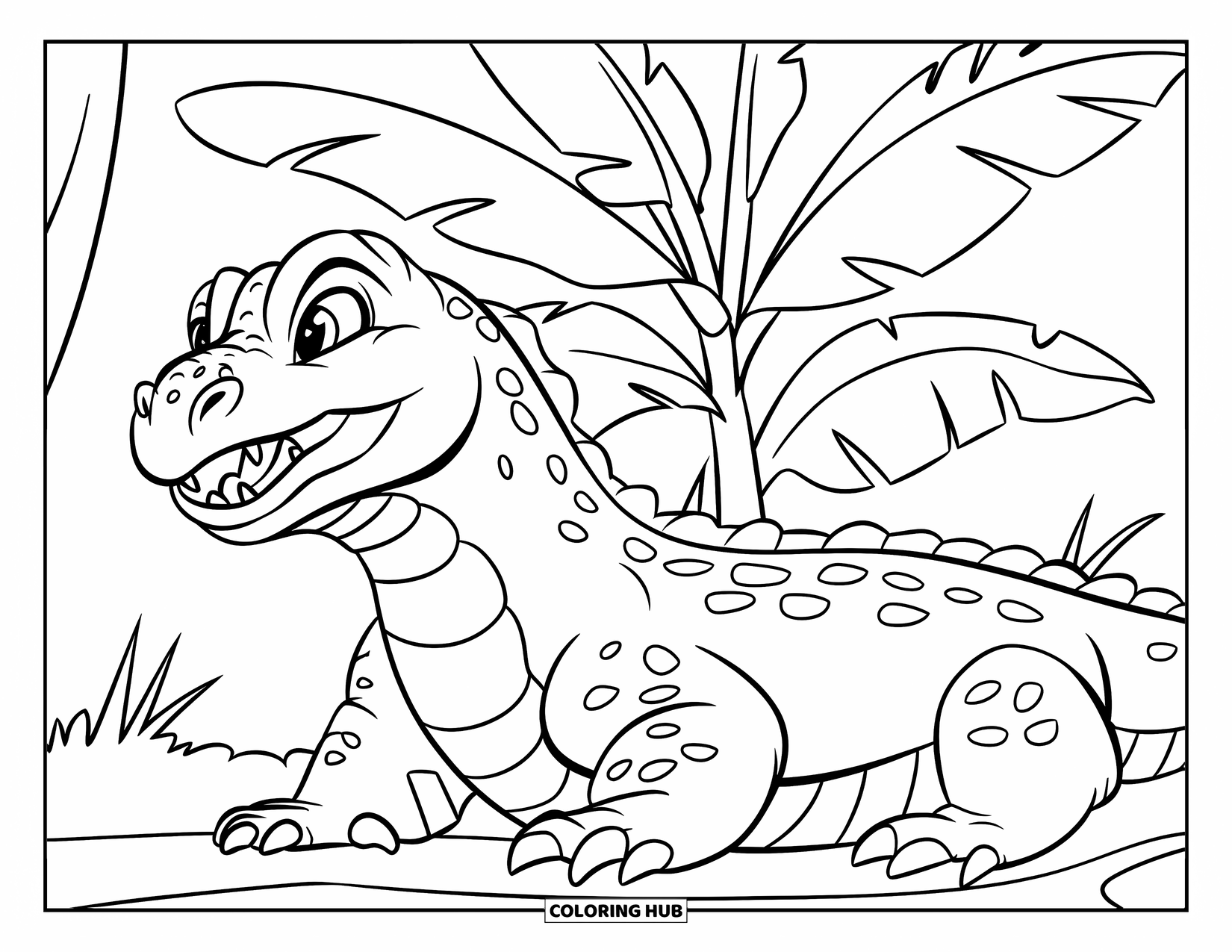 Komodo Dragon Coloring Page for Kids: Komodo dragon snarls beside a banana plant in a jungle