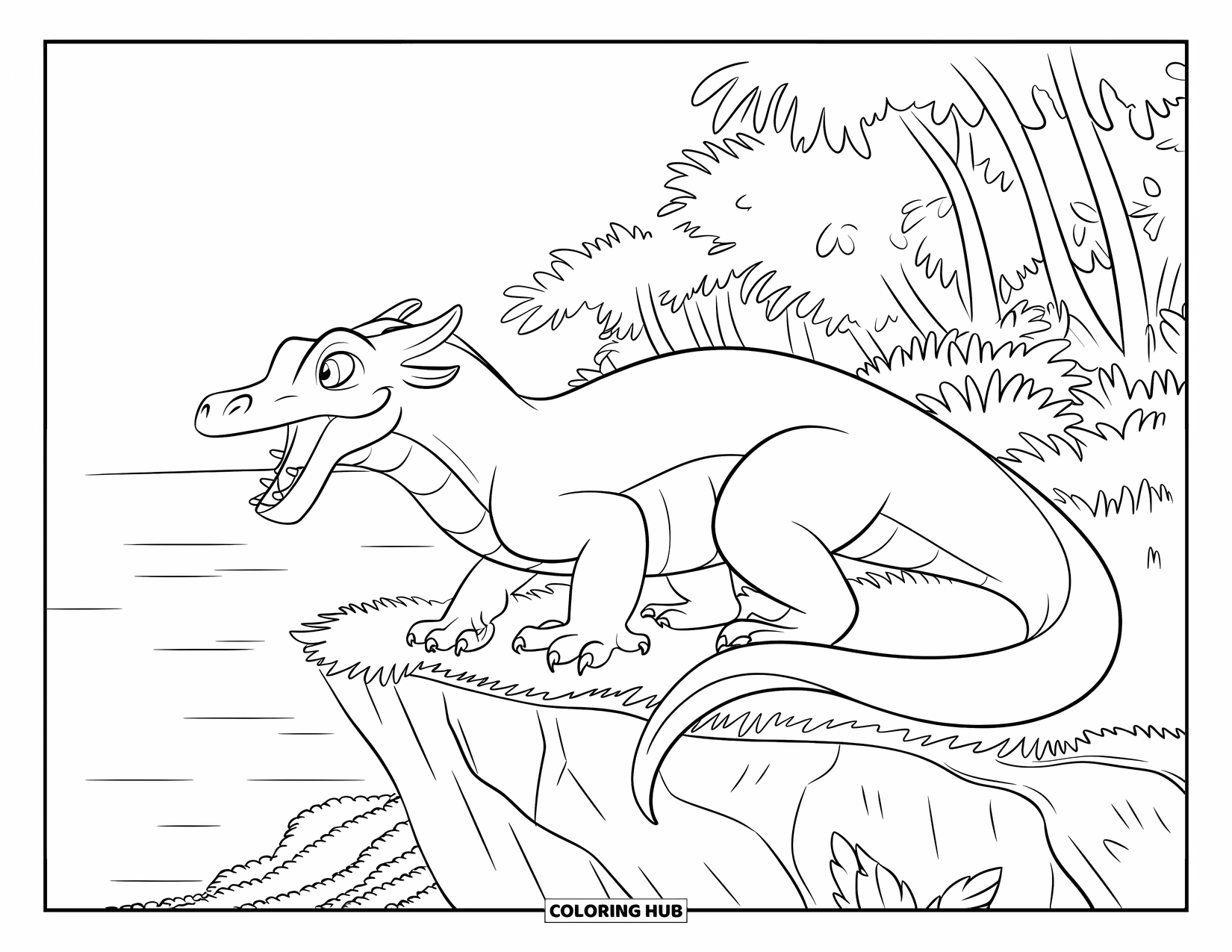 Komodo Dragon Coloring Page for Kids: Komodo dragon snarls from a cliffside surrounded by calm sea and greenery