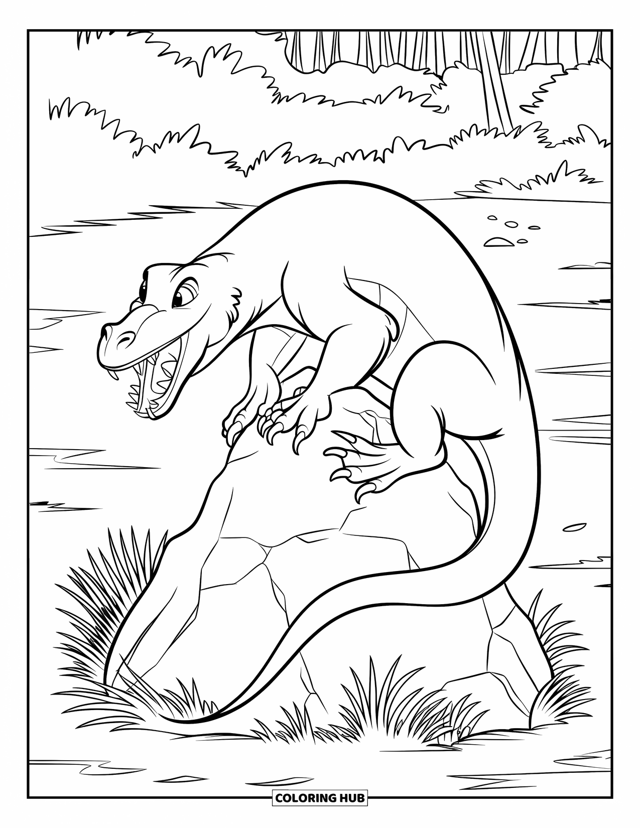 Komodo Dragon Coloring Page for Kids: Komodo dragon snarls while climbing a boulder near a forest