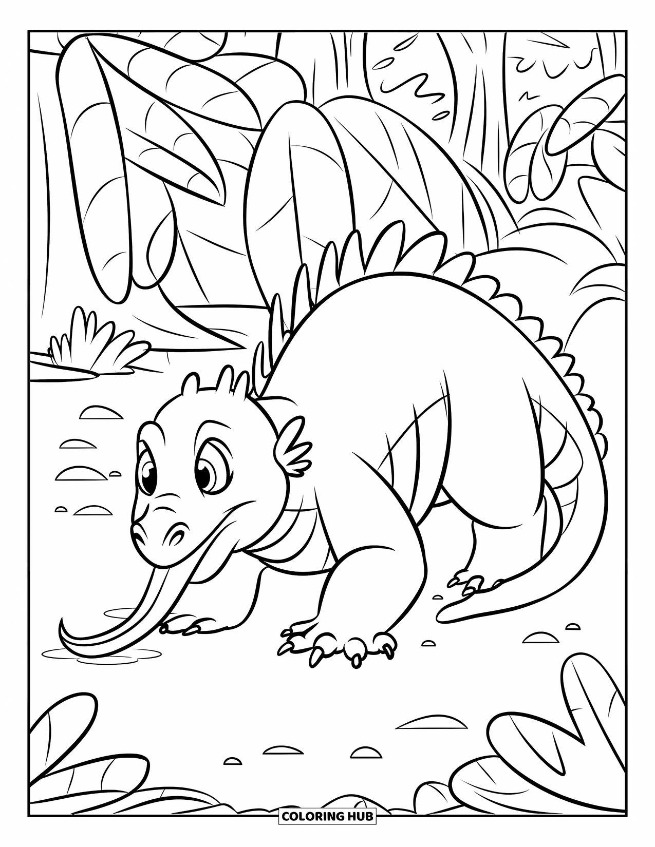 Komodo Dragon Coloring Page for Kids: Komodo dragon sticks out its tongue while exploring a jungle clearing