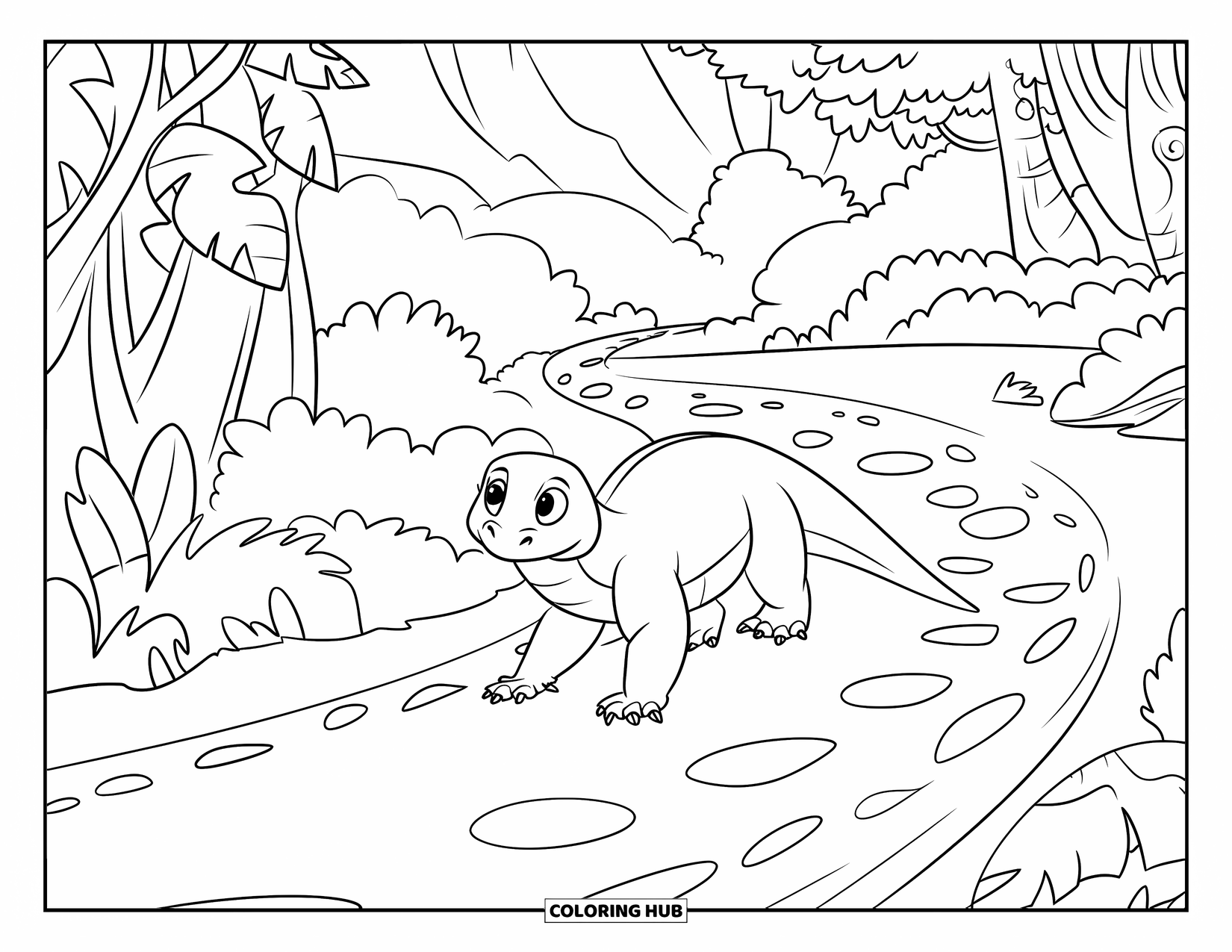 Komodo Dragon Coloring Page for Kids: Komodo dragon walks a winding path near big leafy trees and mountains