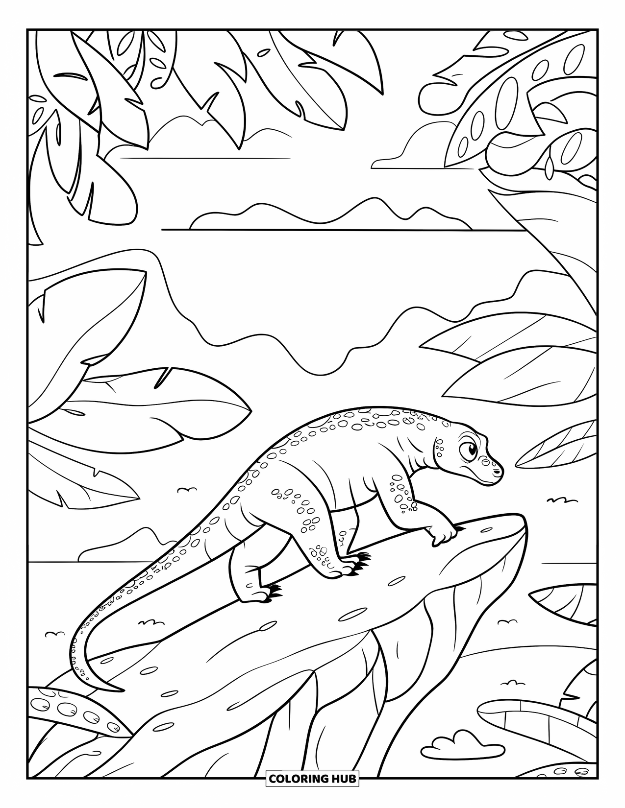 Komodo Dragon Coloring Page for Kids: Komodo dragon walks along a rocky island path surrounded by big leafy plants