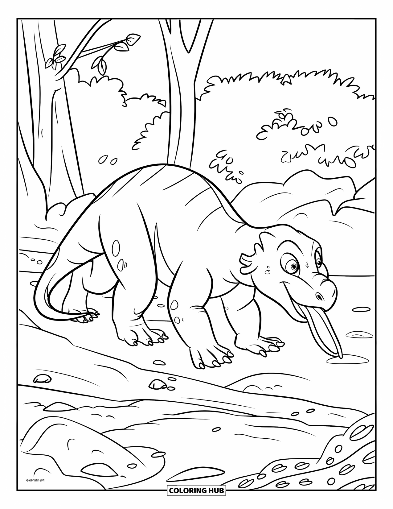 Komodo Dragon Coloring Page for Kids: Komodo dragon walks through a jungle clearing, tongue out and tail trailing