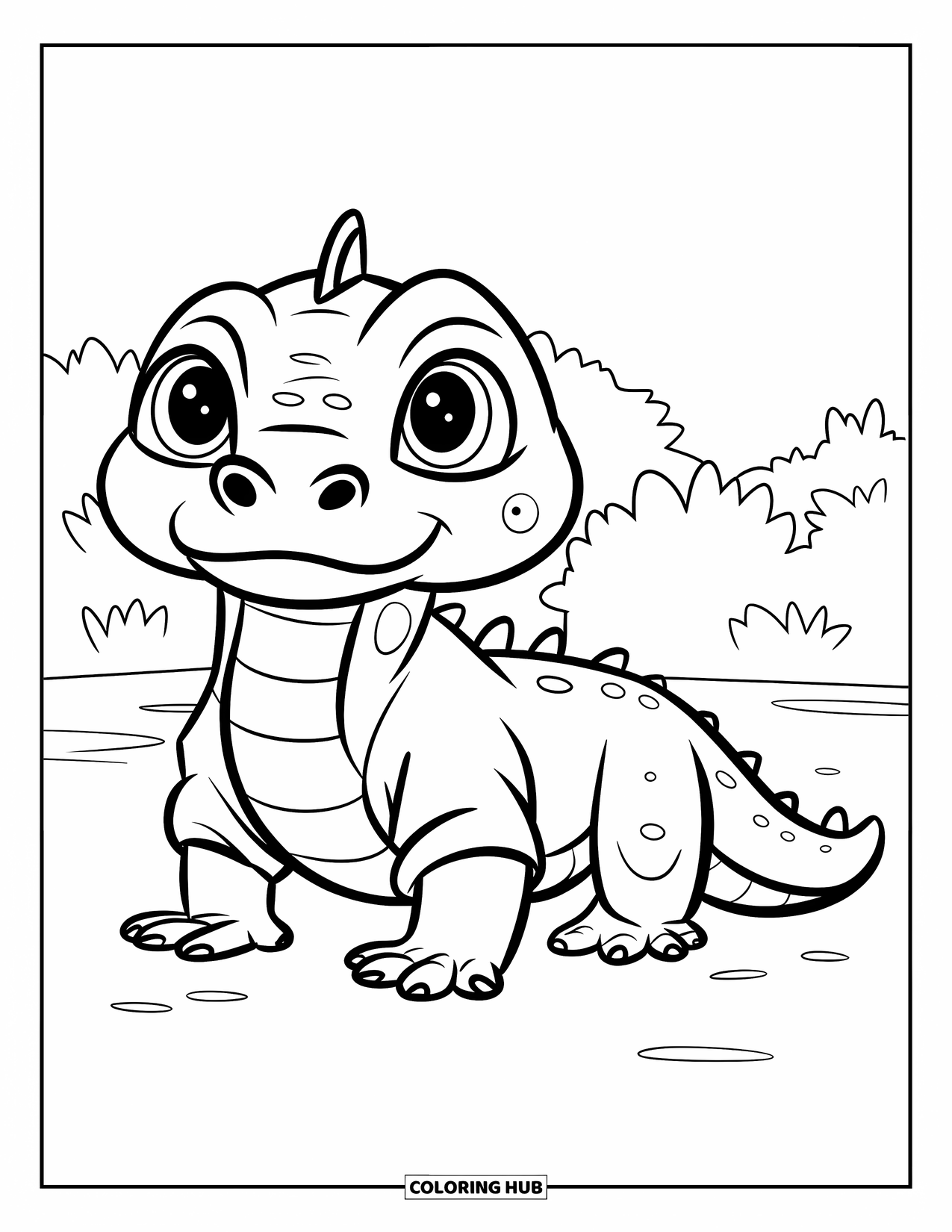 Komodo Dragon Coloring Page for Kids: Komodo dragon with big eyes and a shirt stands near small bushes