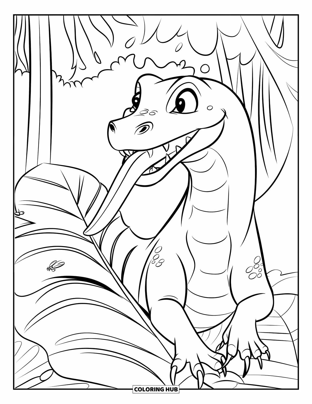 Komodo Dragon Coloring Page for Kids: Komodo dragon with tongue out rests near a leaf with tiny insects