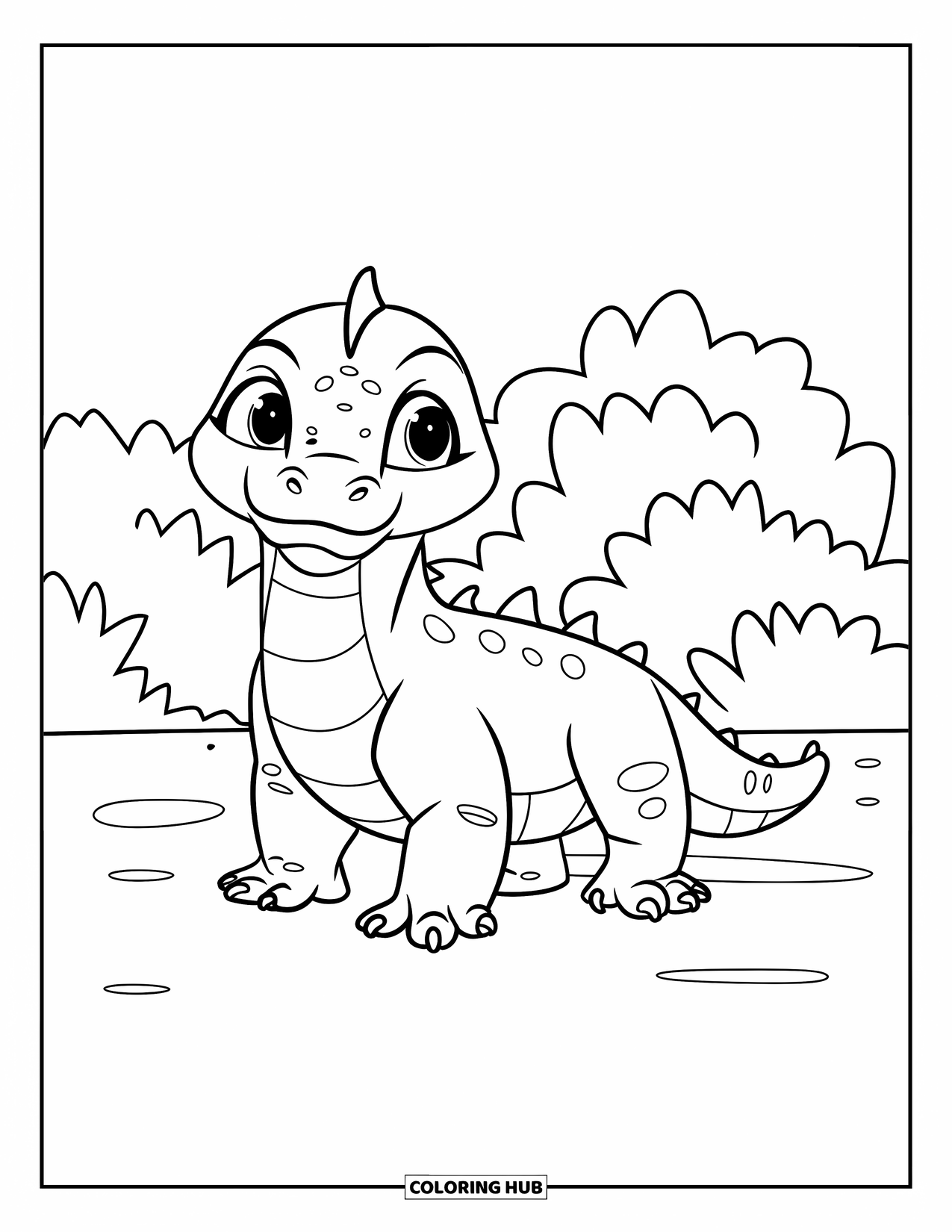 Komodo Dragon Coloring Page for Kids: Wide-eyed Komodo dragon stands on flat land with simple bushes around