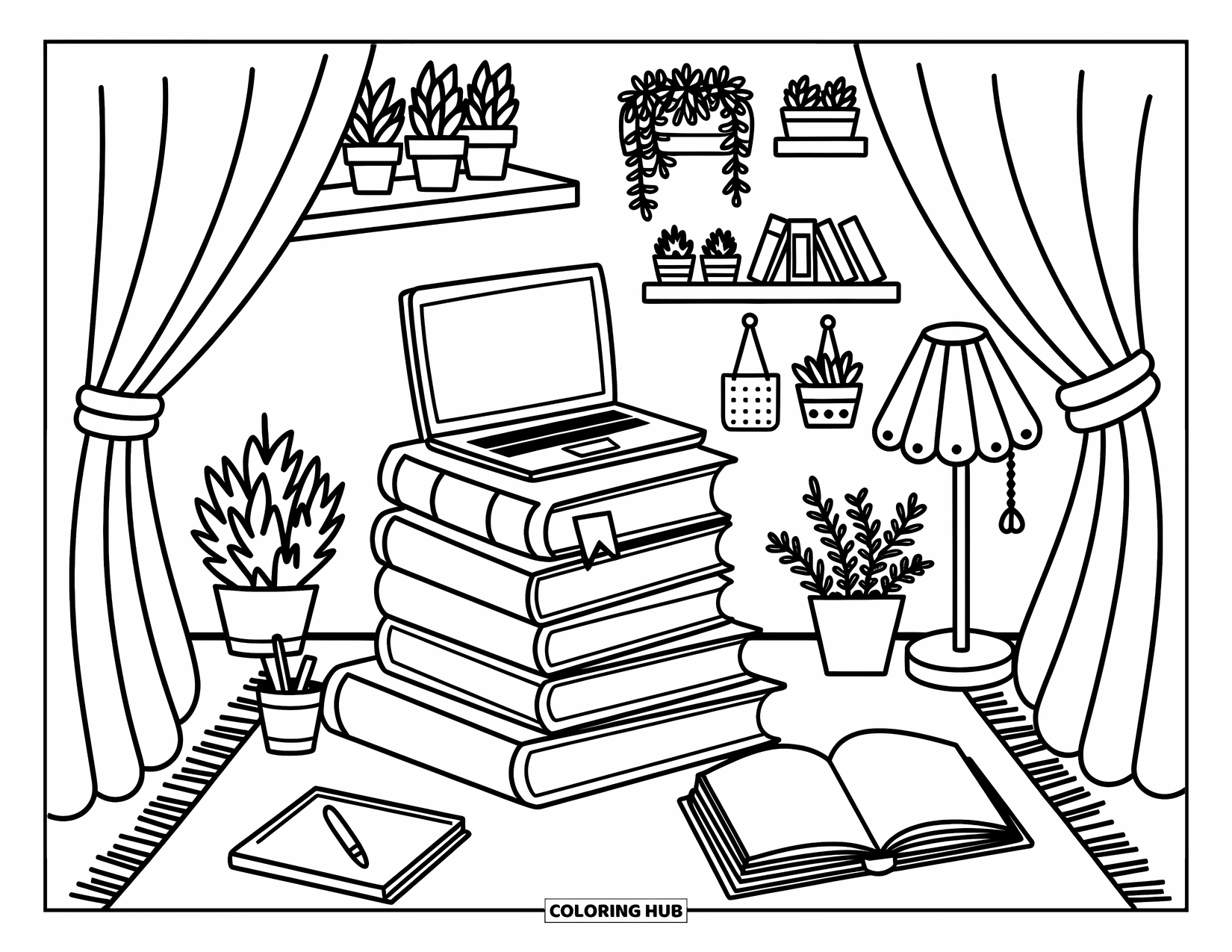 Laptop Coloring Page for Adults: Books and boxes support a laptop among plants, a planner, and a scalloped lamp