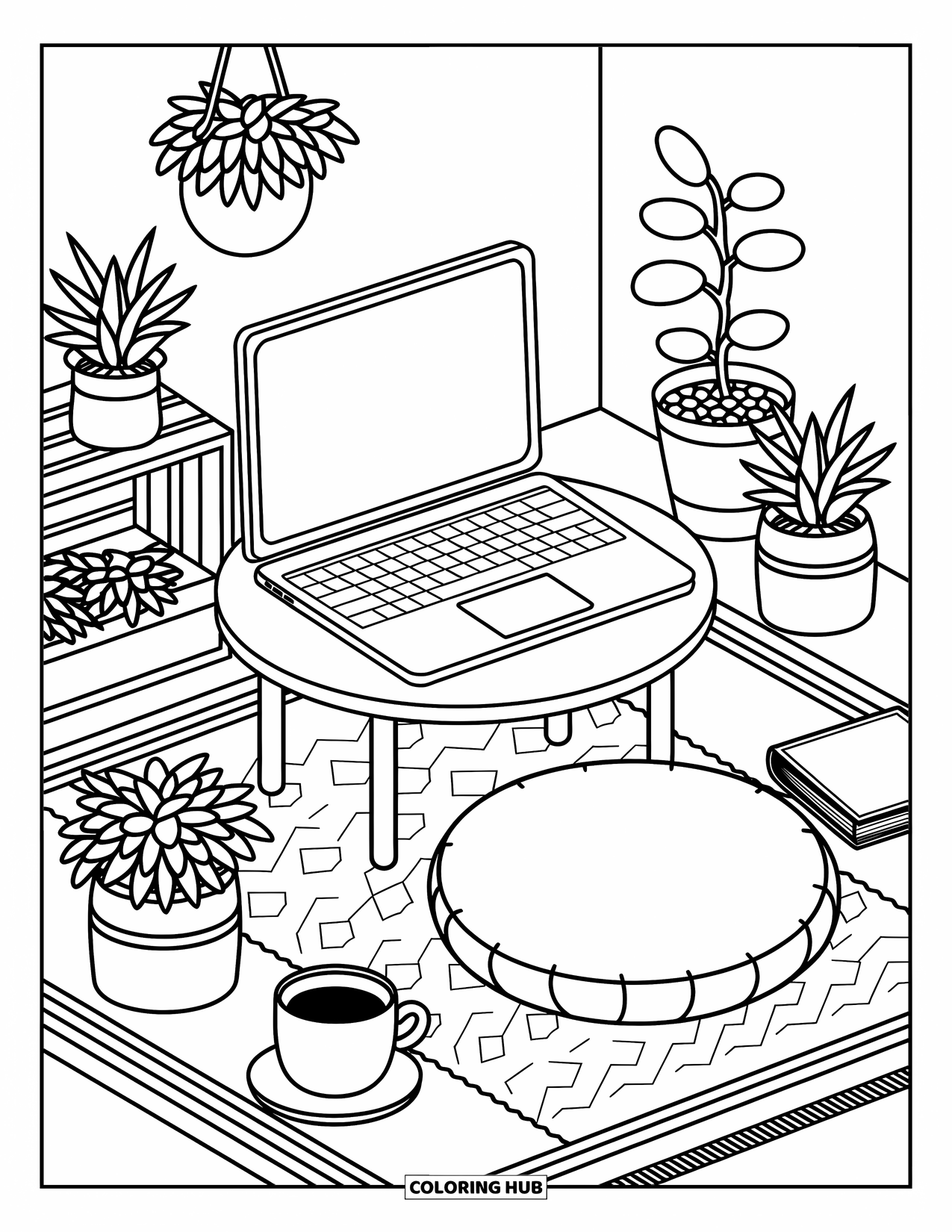Laptop Coloring Page for Adults: Coffee table holds a laptop, book, and tea with plants surrounding the cozy setup