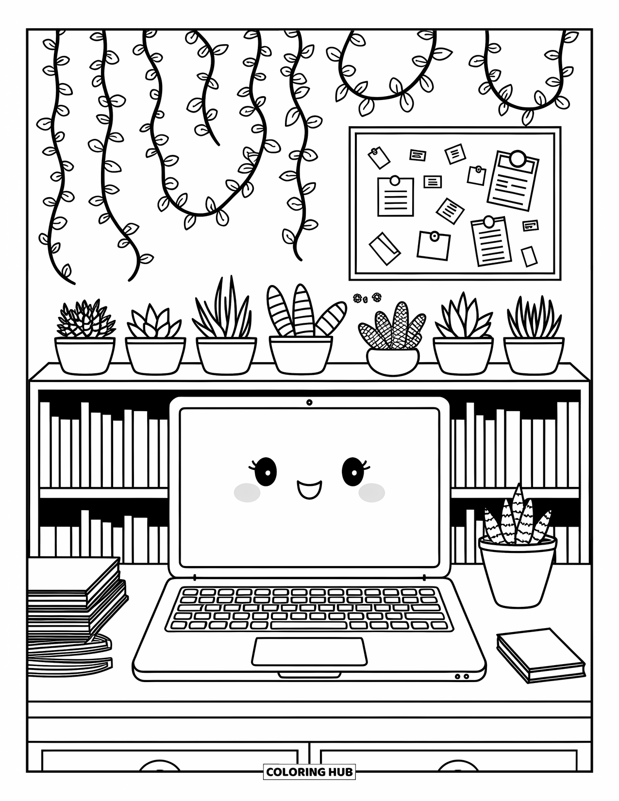 Laptop Coloring Page for Adults: Cozy desk setup with laptop, vines, succulents, and a corkboard full of notes