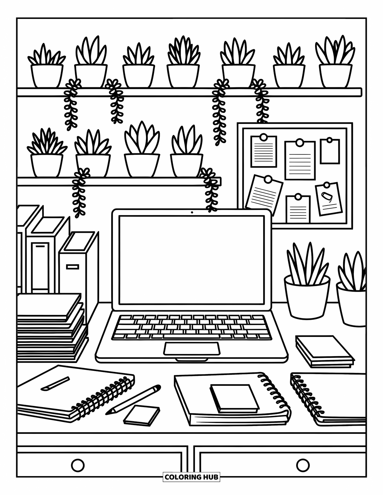 Laptop Coloring Page for Adults: Desk with laptop, notebooks, and sticky notes beside a shelf of cute succulents