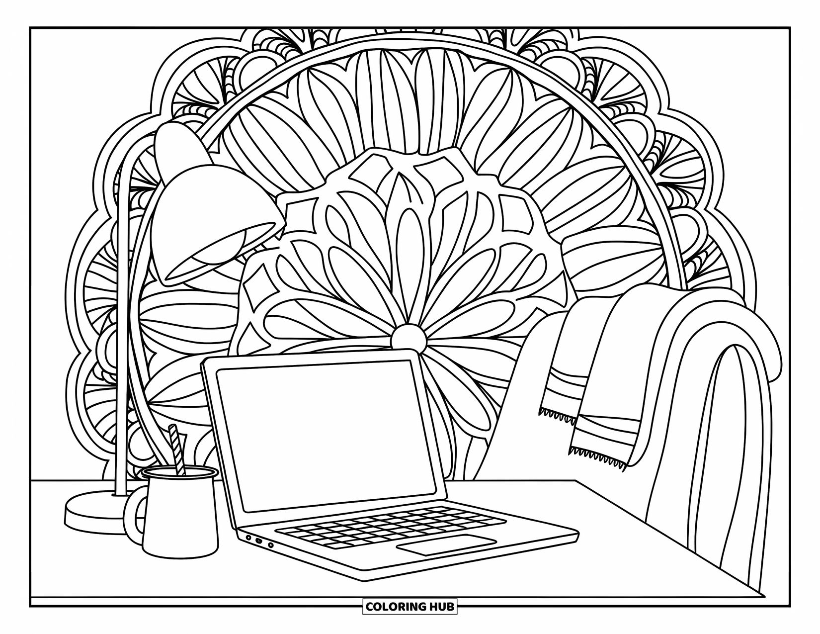 Laptop Coloring Page for Adults: Homey laptop setup with a mug, blanket, and swirling mandala patterns