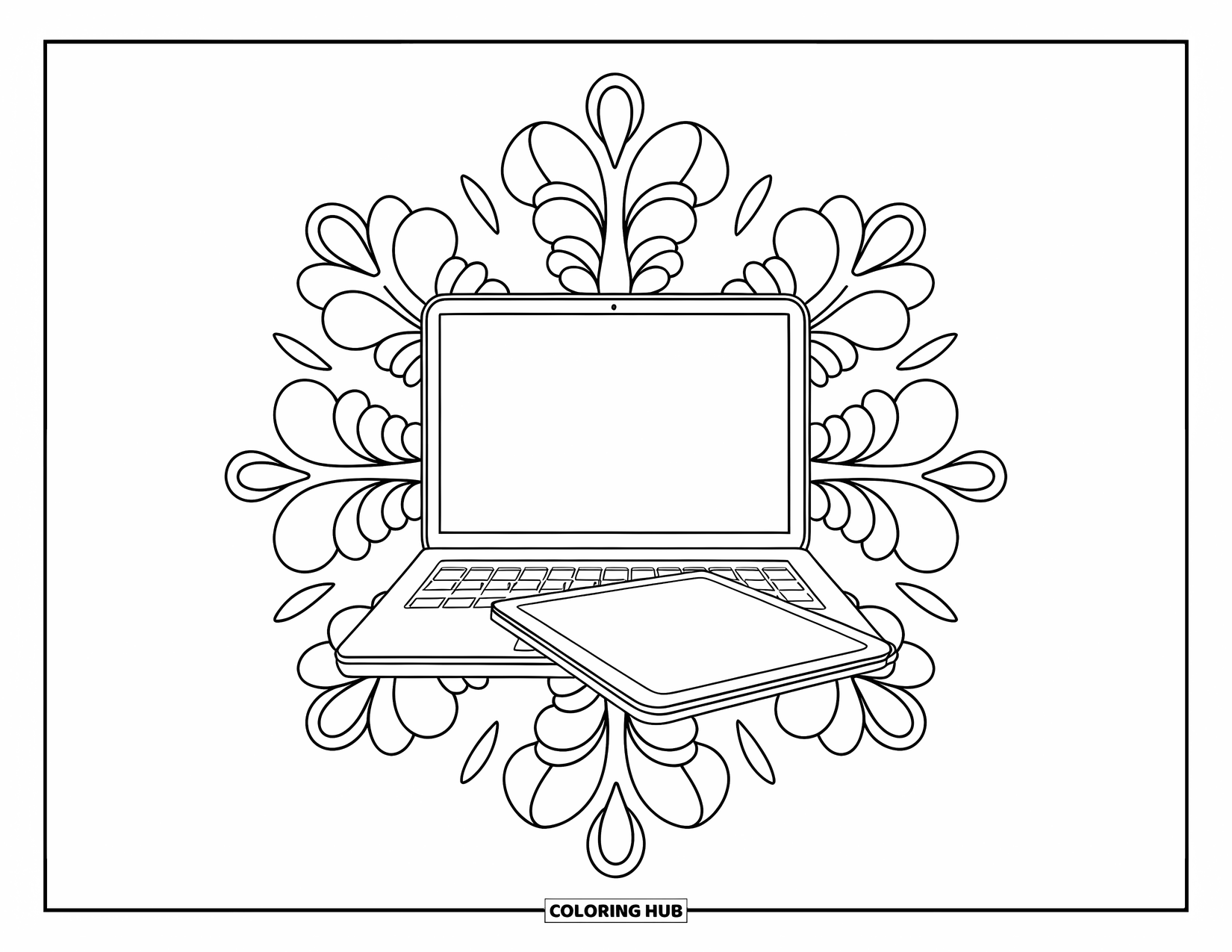 Laptop Coloring Page for Adults: Laptop and drawing tablet surrounded by floral patterns in a peaceful setup