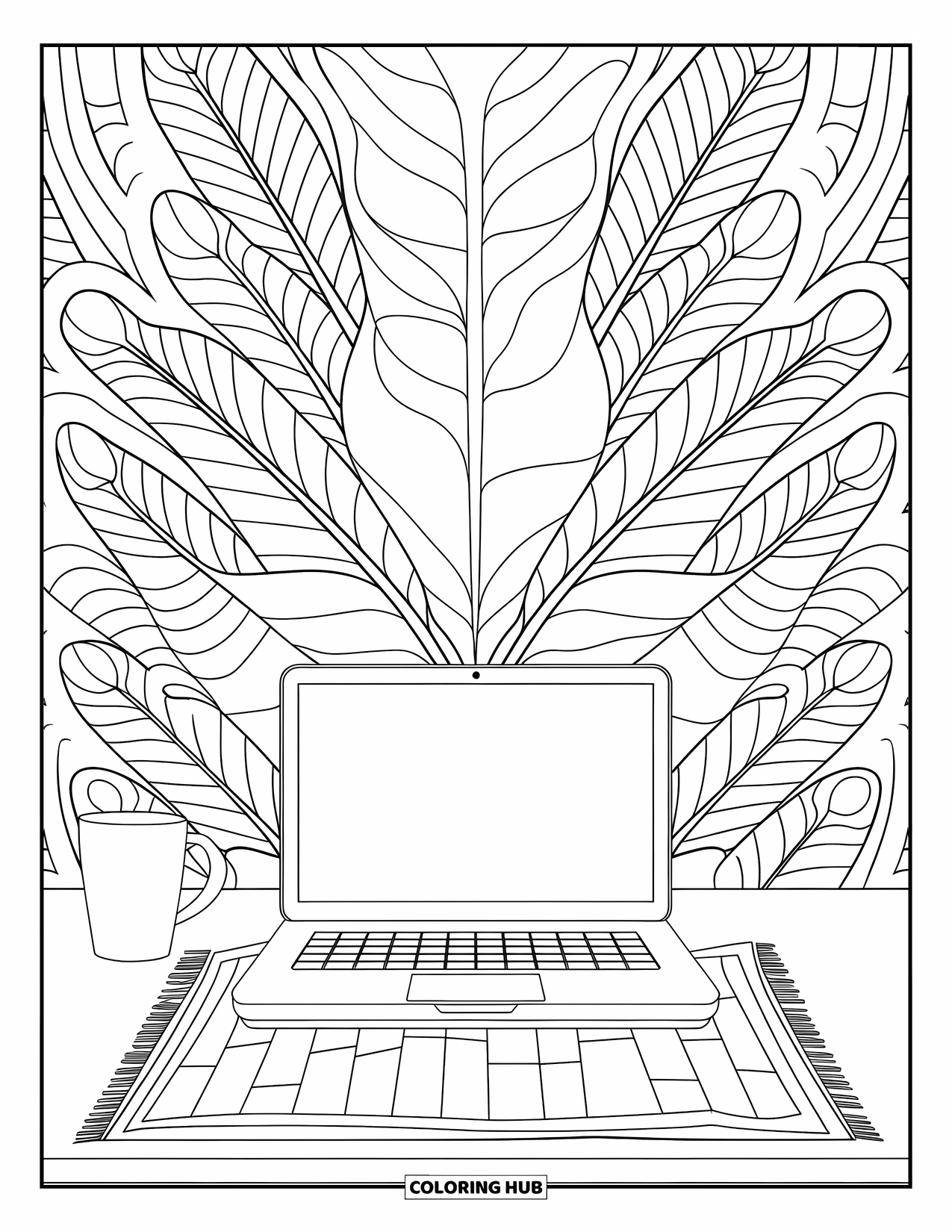 Laptop Coloring Page for Adults: Laptop and mug in a simple workspace surrounded by leafy patterns