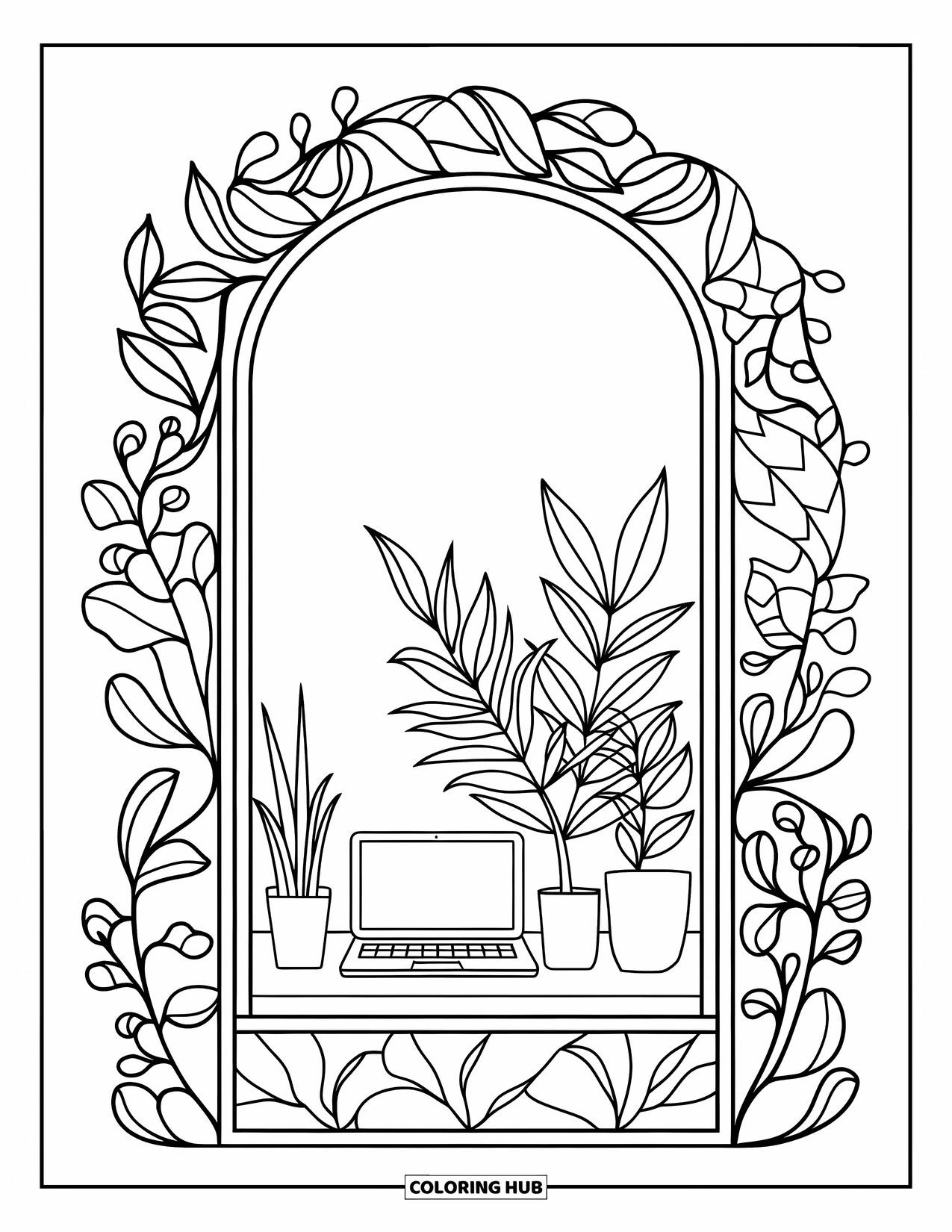 Laptop Coloring Page for Adults: Laptop and plants in a cozy corner with stained glass-style borders