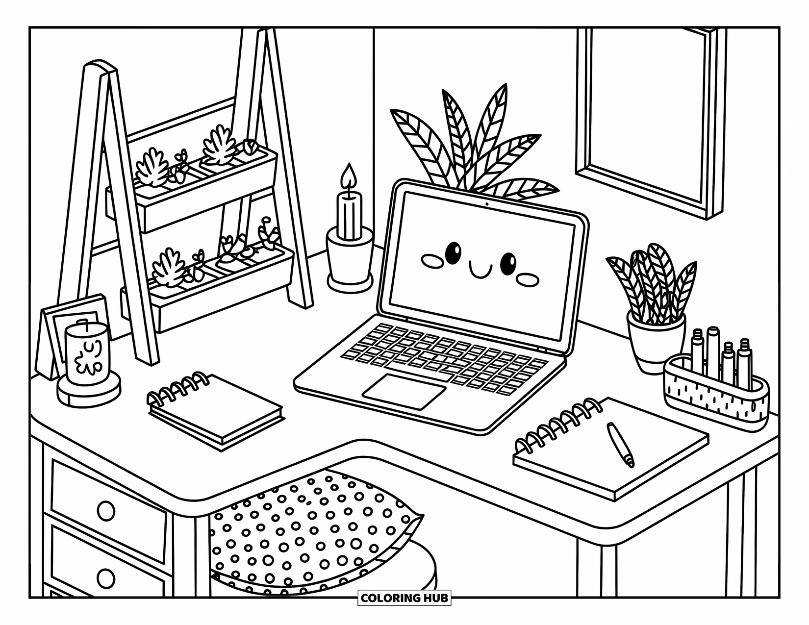 Laptop Coloring Page for Adults: Laptop on a corner desk with candle, notebook, and cute hanging vines
