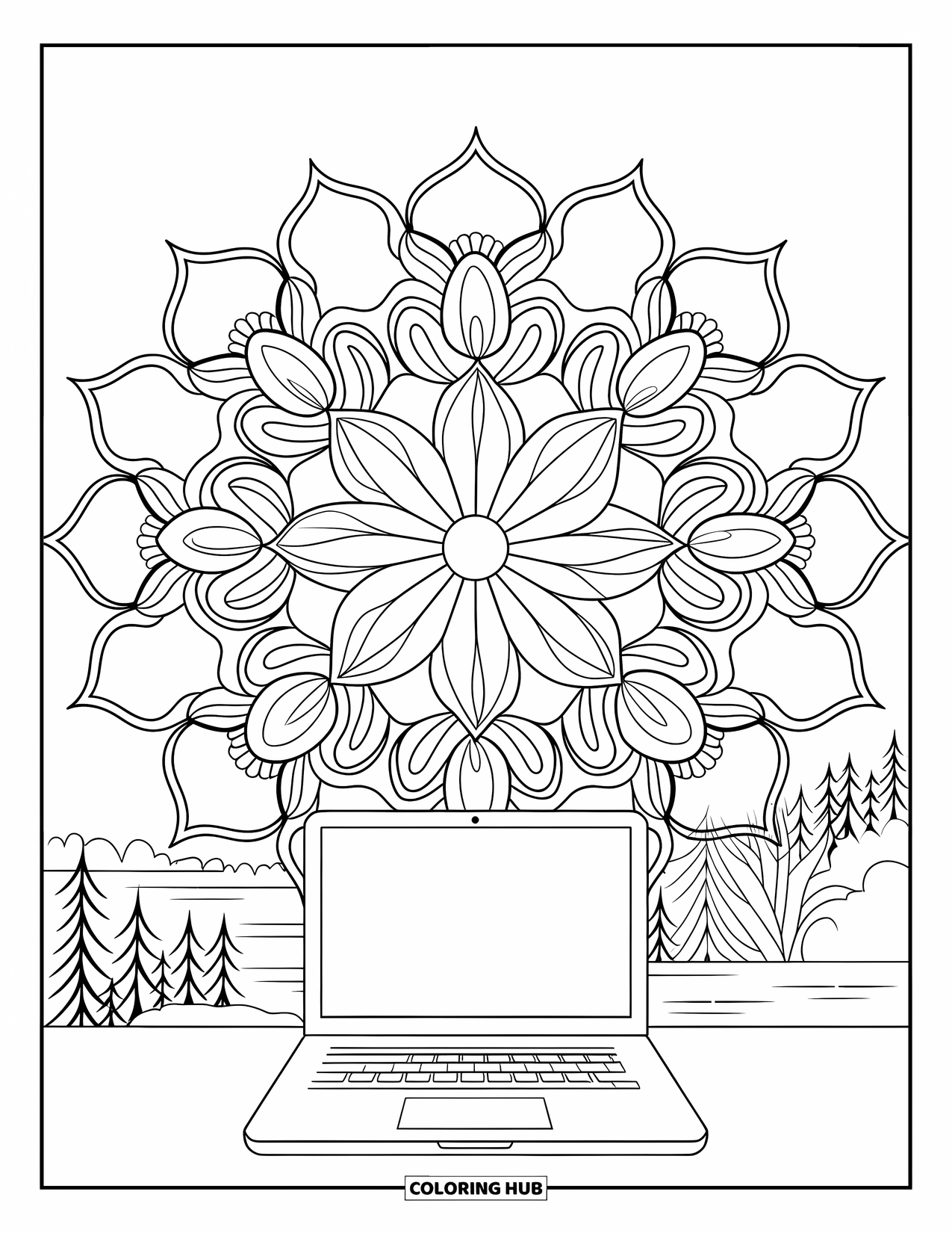 Laptop Coloring Page for Adults: Laptop on a wooden desk surrounded by a floral mandala and nature view