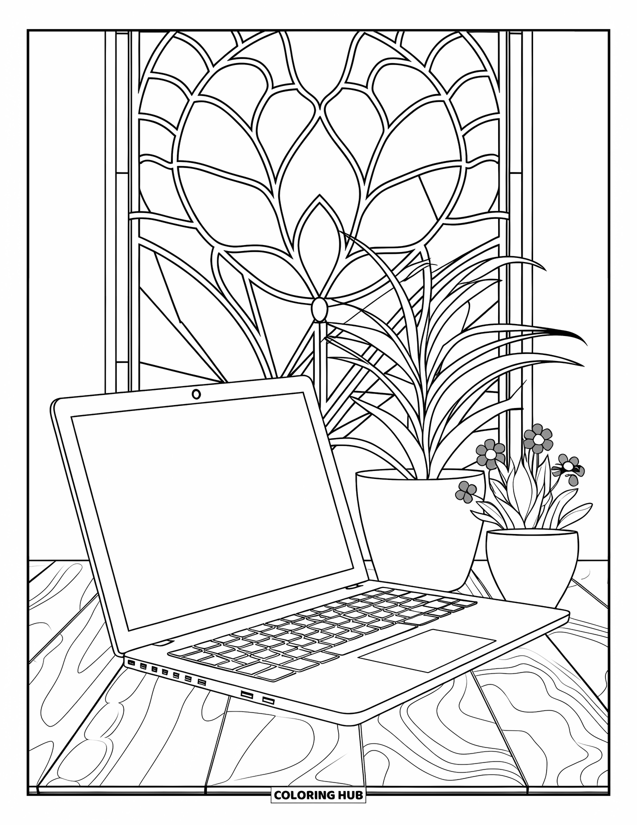 Laptop Coloring Page for Adults: Laptop on a wooden table with plants against a botanical-patterned wall