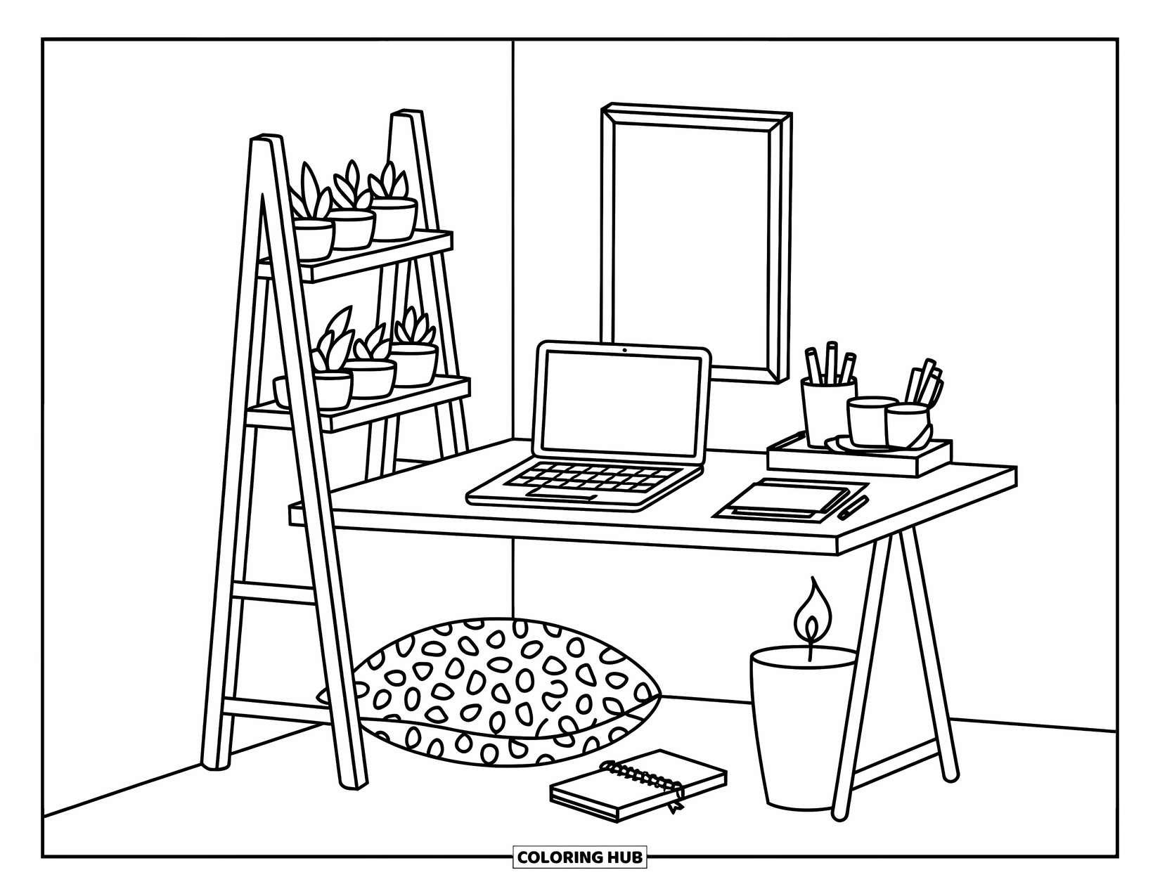 Laptop Coloring Page for Adults: Laptop on an L-shaped desk with plants and a patterned cushion beneath