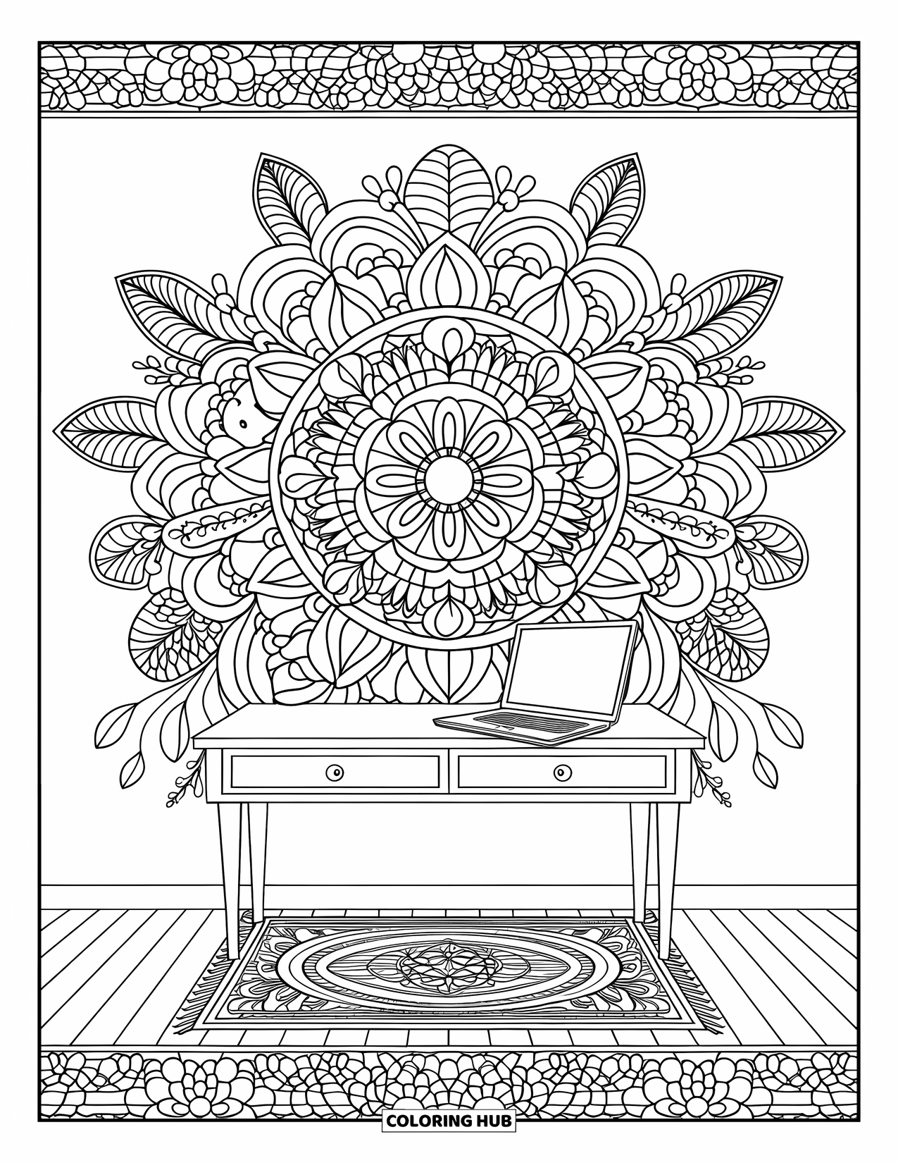Laptop Coloring Page for Adults: Laptop on desk inside a full floral mandala frame and patterned rug