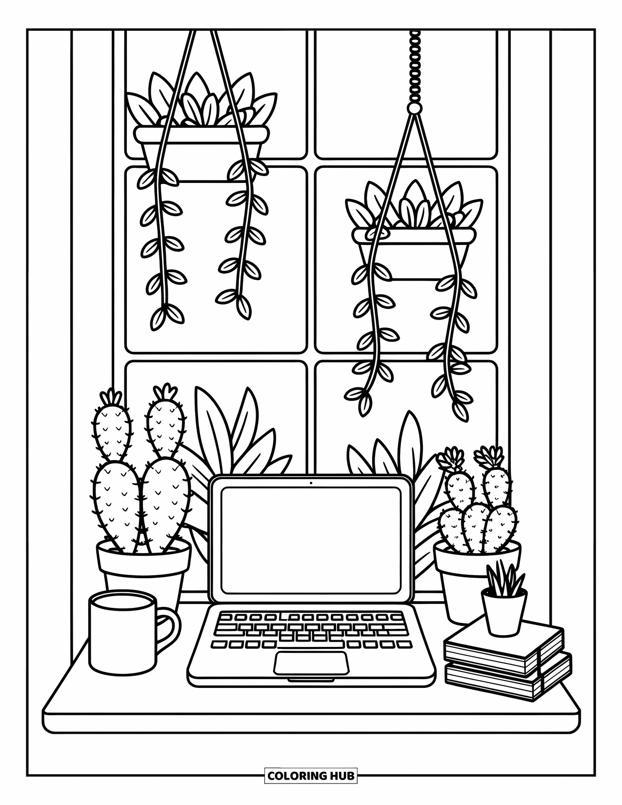 Laptop Coloring Page for Adults: Laptop sits on a deep window sill surrounded by leafy plants and hanging vines